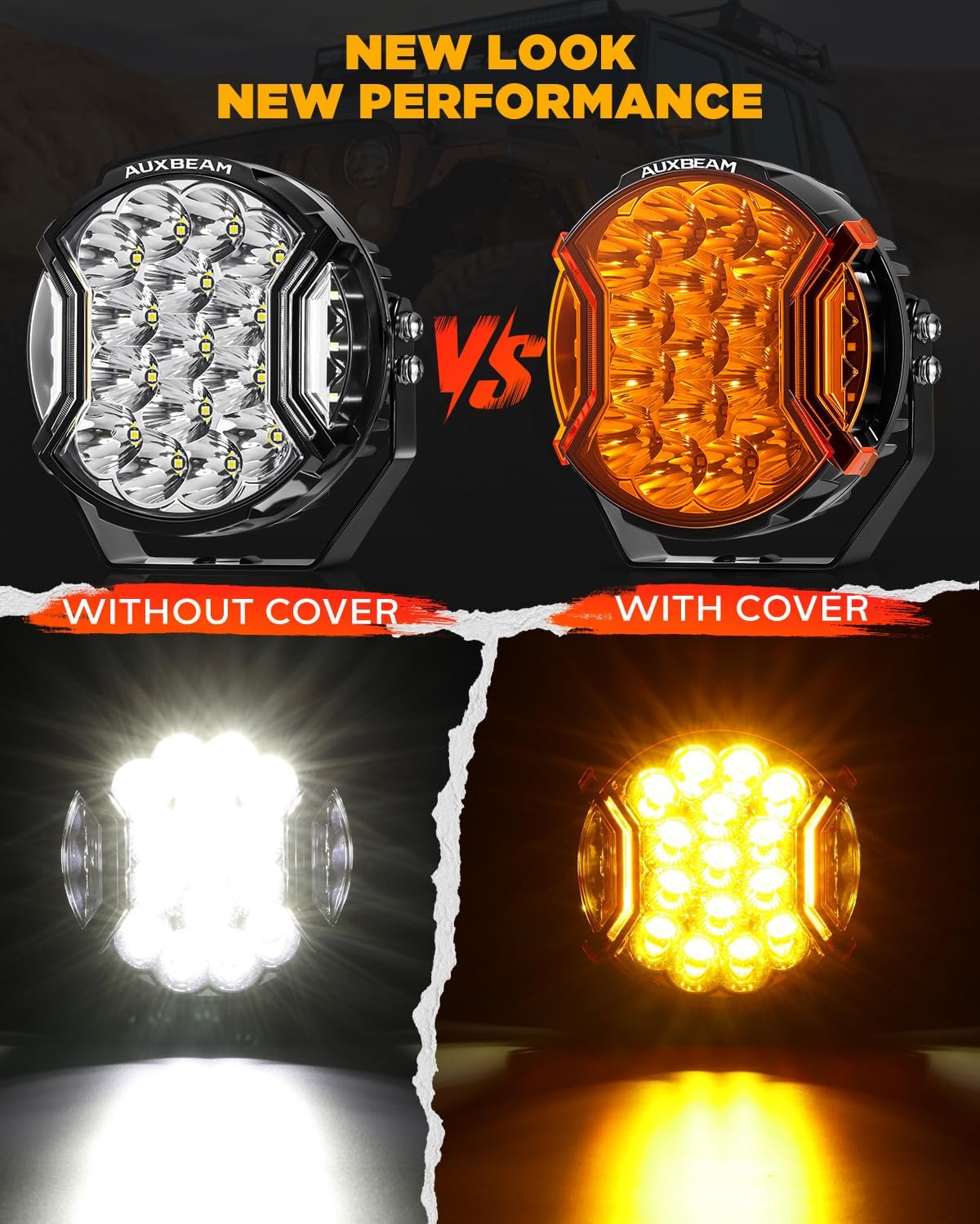 Auxbeam V-Ultra Series 7 Inch Deep Amber Light Covers 2300K Dark Amber Tone Round Offroad Lens Cap Smoked Amber Tint Reduce Glare for Fog & Dust Low Visibility, 2 Packs