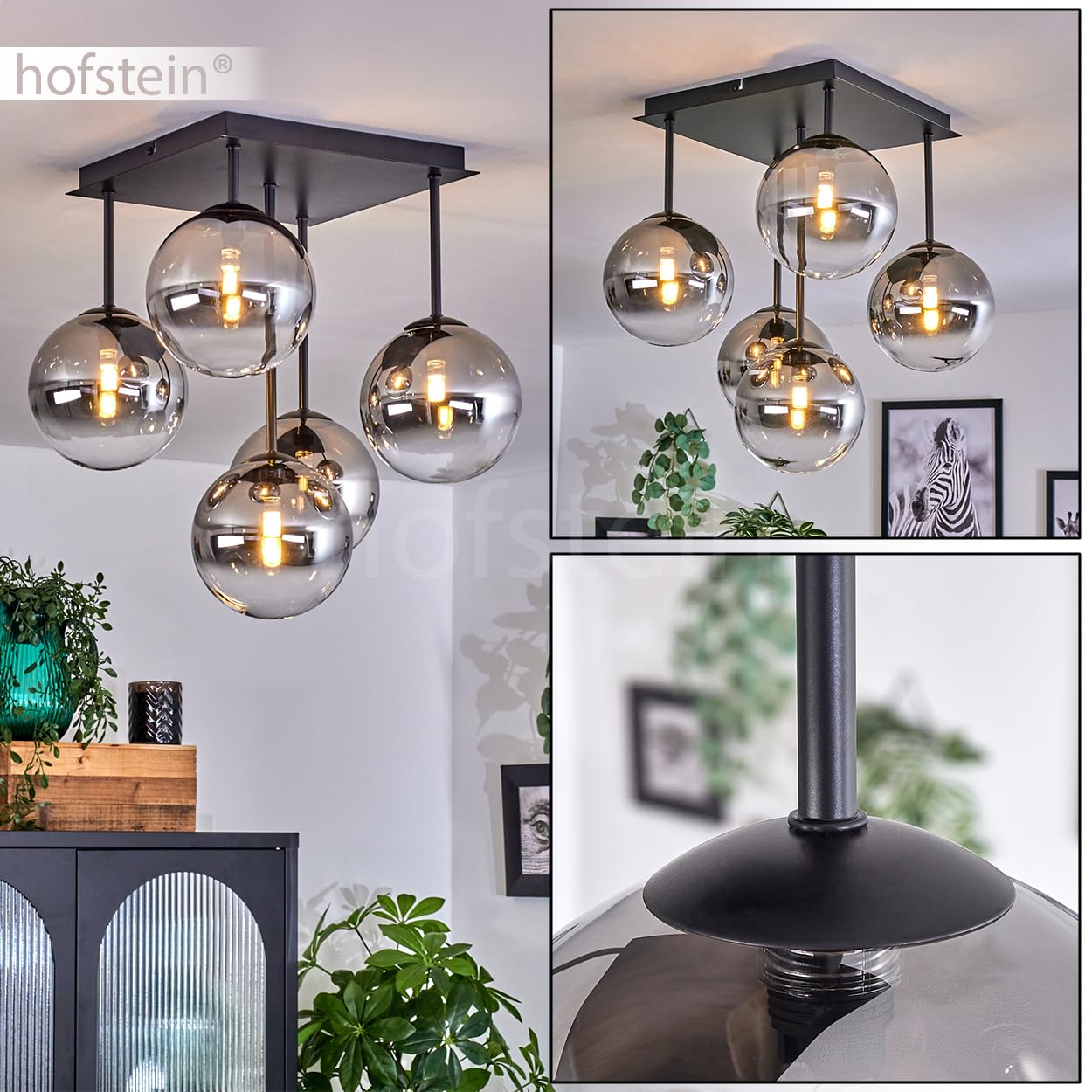HOFSTEIN Lampada da Soffitto Plafoniera Chehalis, Lampada Soffitto Metallo/Vetro Nero/Oro/Ambra, Design Retrò/Vintage con Ombrelli Vetro ( 12 cm), 6 LED G9, Senza Lampadina