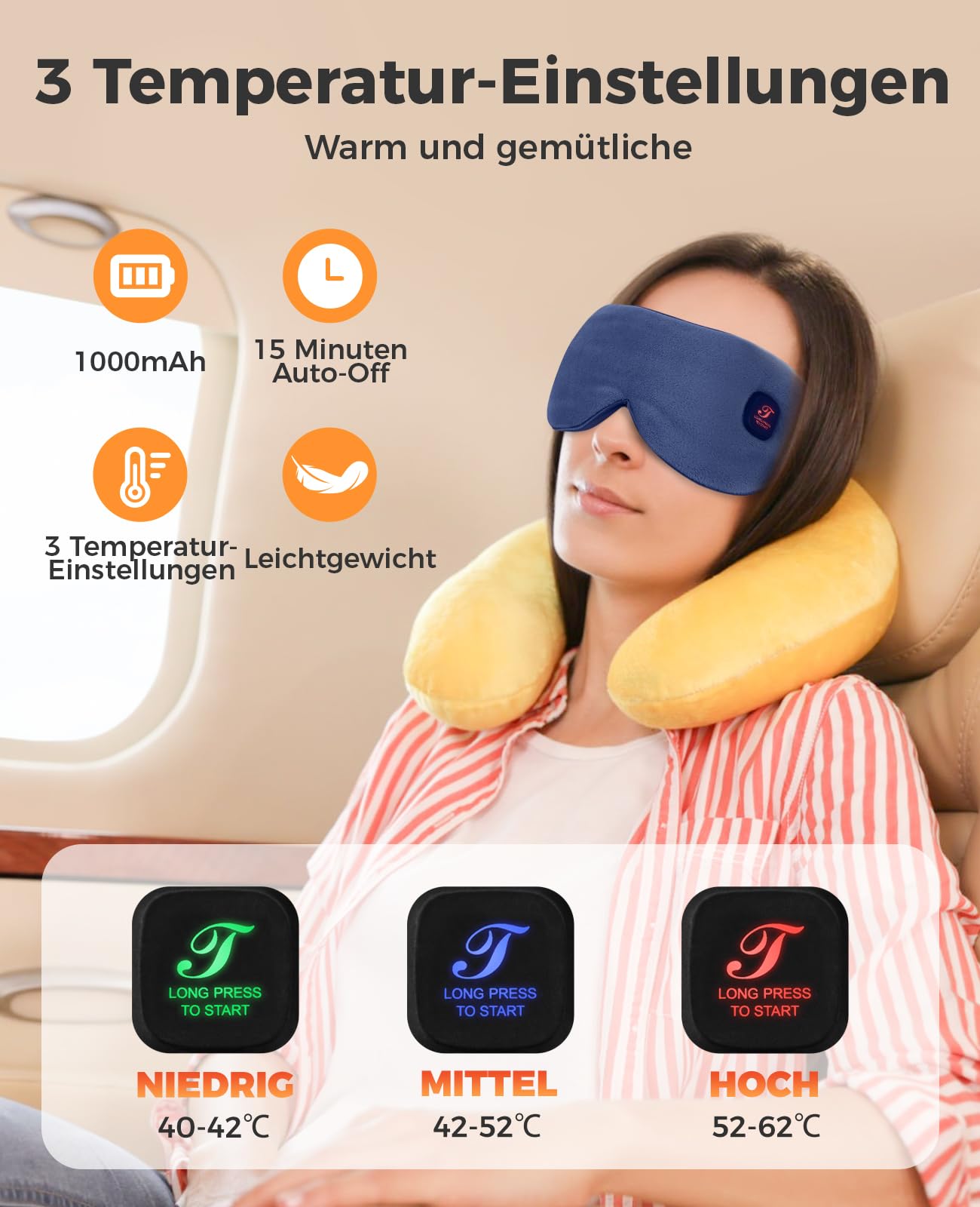 beheizte Augenmaske, Wärmebrille mit Akku ohne Kabel, 3 Wärmestufen waschbarer Bezug, Geschenke für Familie und Freunde (Dunkelblau)