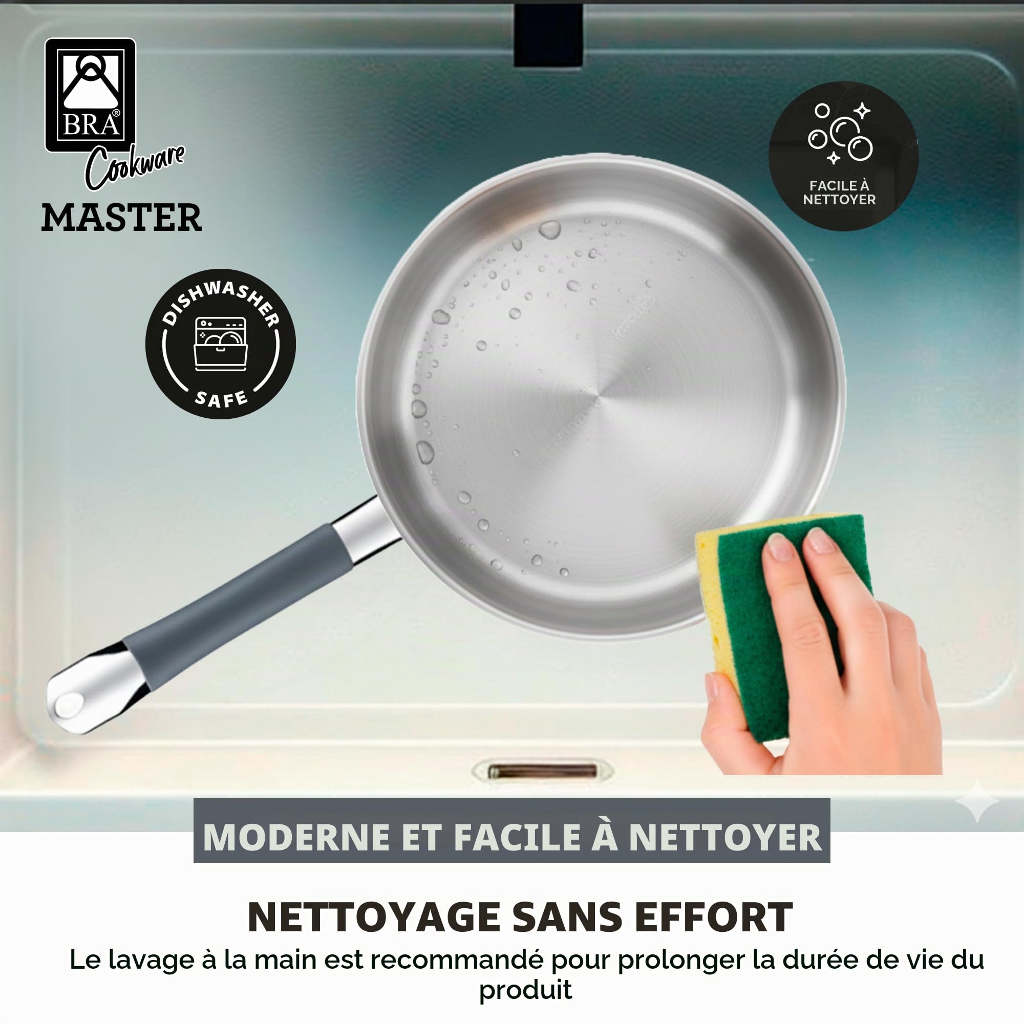 BRA Master Lot De Poêles 20-24-28 Cm, Acier Inoxydable, Sans Revêtement Antiadhésif, Sans Pfoa, Full Induction, Compatible Tous Feux, Manche En Acier Inoxydable Recouvert De Silicone