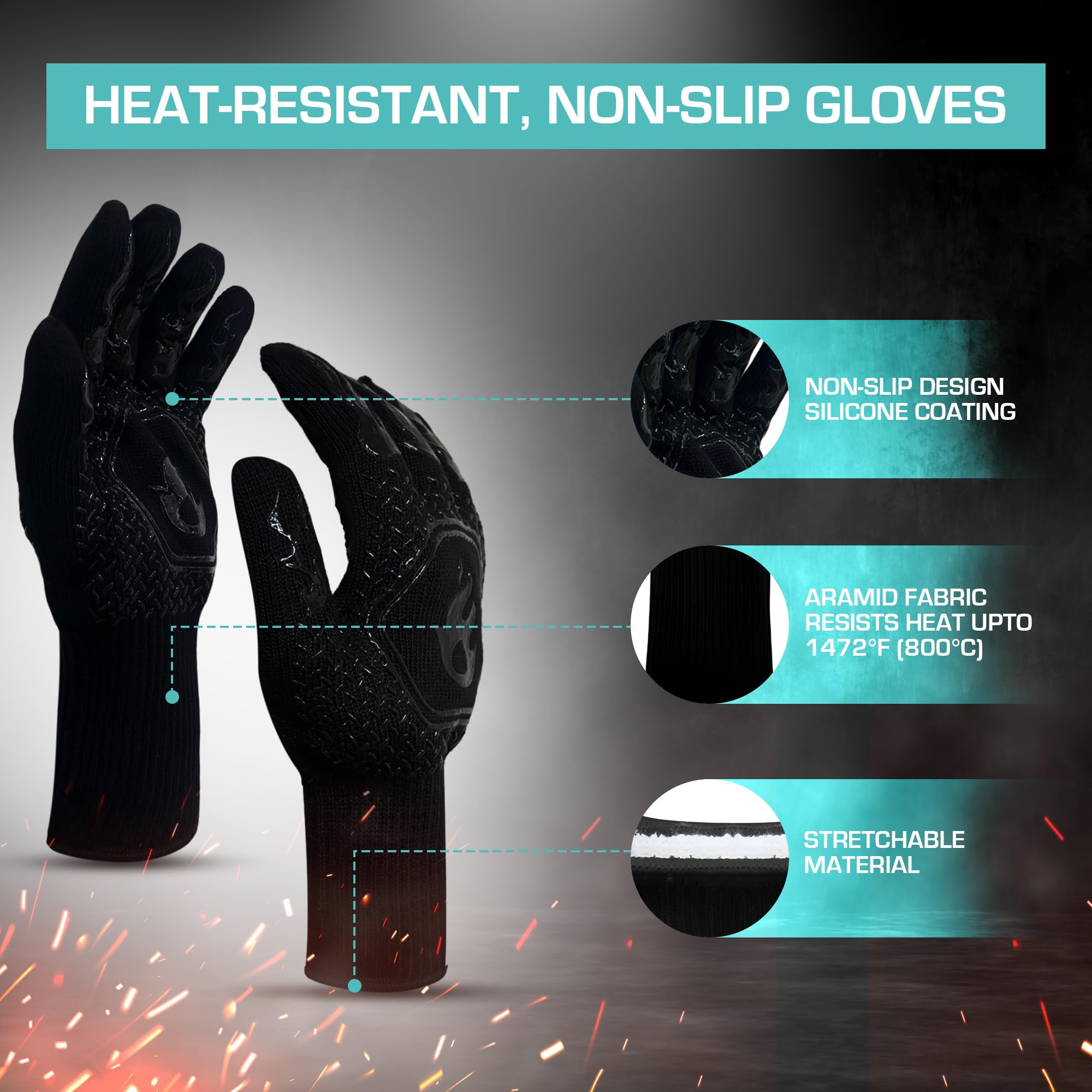 Amazon Brand - Umi BBQ Gloves| Heat Resistant Barbecue Gloves for Cooking| Grilling Gloves Non Toxiceco Anti-Slip| Protection of Hands from Fire Heat with Premium Silicon Gloves 1-Pair, (Black) - Image 4 thumbnail