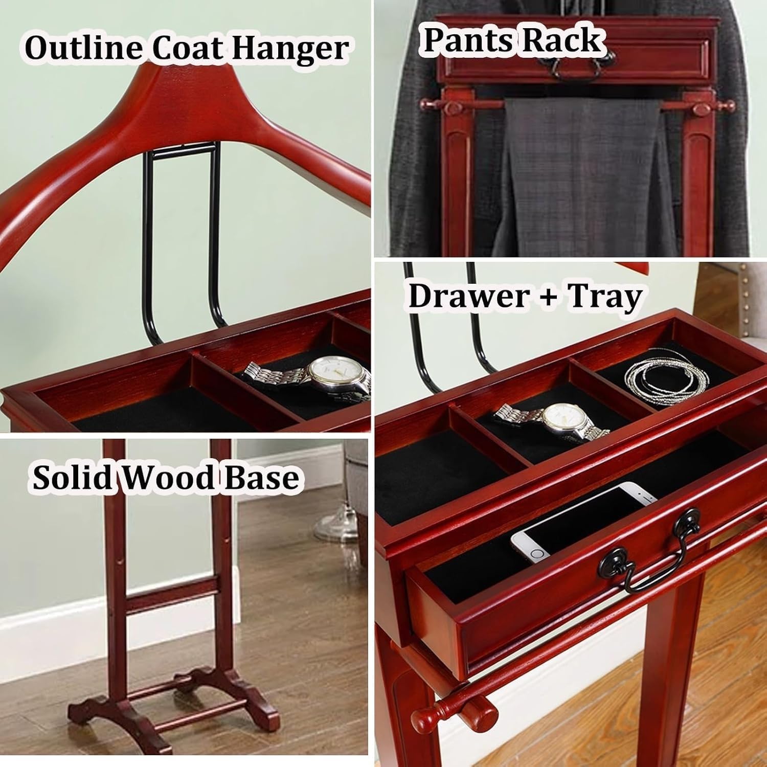 Men's & Women's Freestanding Valet Stand with Drawer & Tray - Modern Clothes Rack & Belt Holder for Entryway, Bedroom, Commercial Use - Stylish Garment Organizer