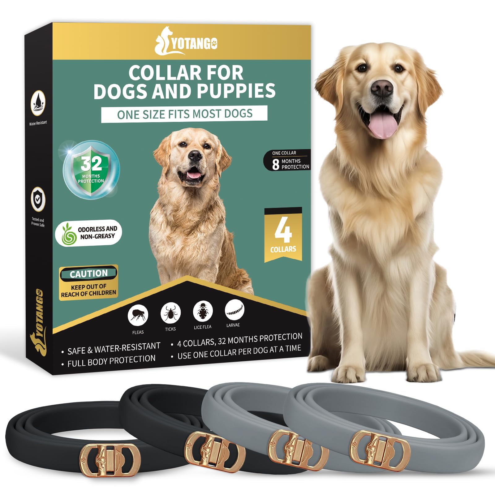YOTANGO Collares Antiparasitarios para Perros, 32 Meses de Protección, Collar Antipulgas para Perros, 4 Pcs Collar de Pulgas y Garrapatas para Perros de Todos los Tiposs(Negro y Gris)