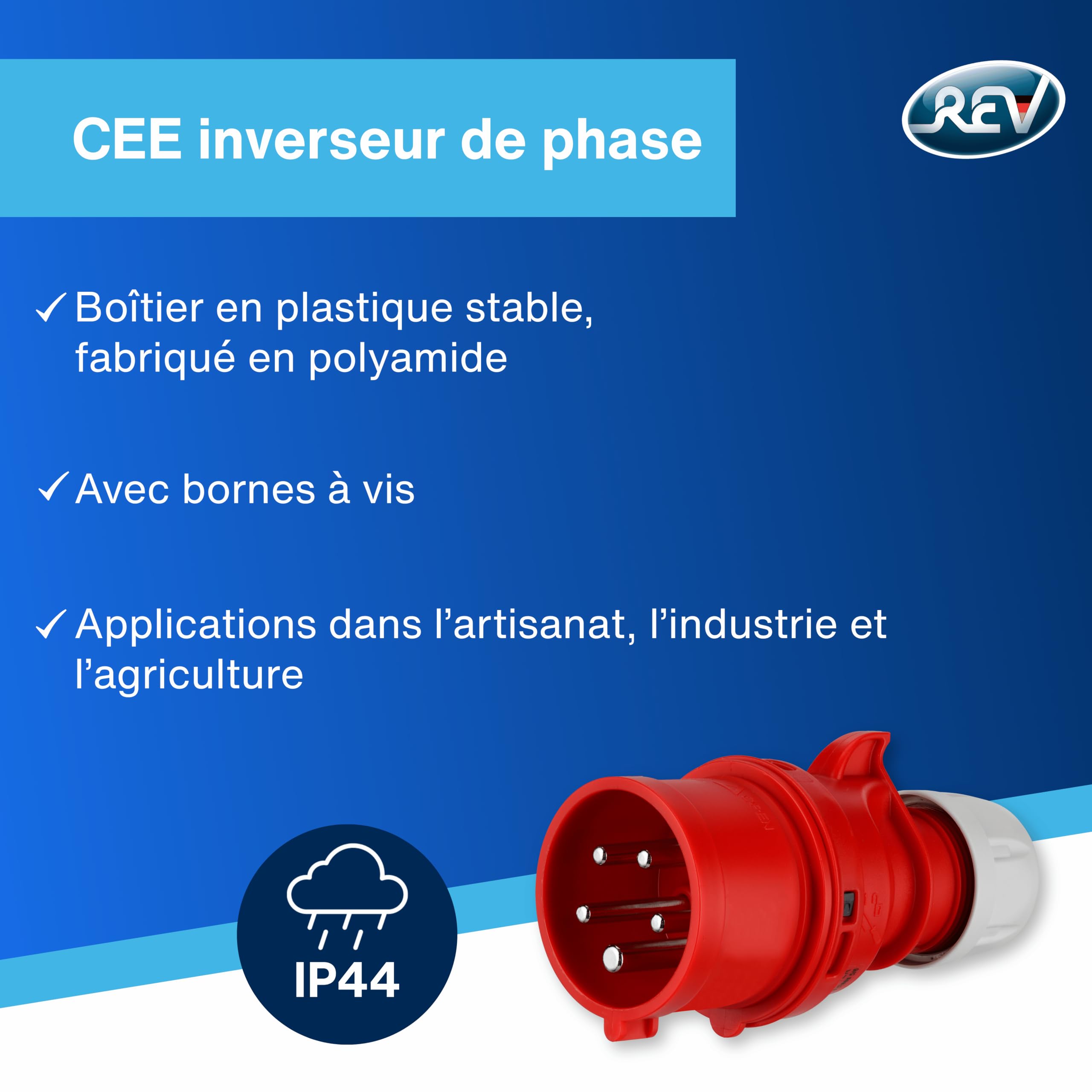 REV Inverseur de Phase CEE 16A, 400V, 5 pôles (3P+N+T), Prise triphasée IP44 étanche, Rouge