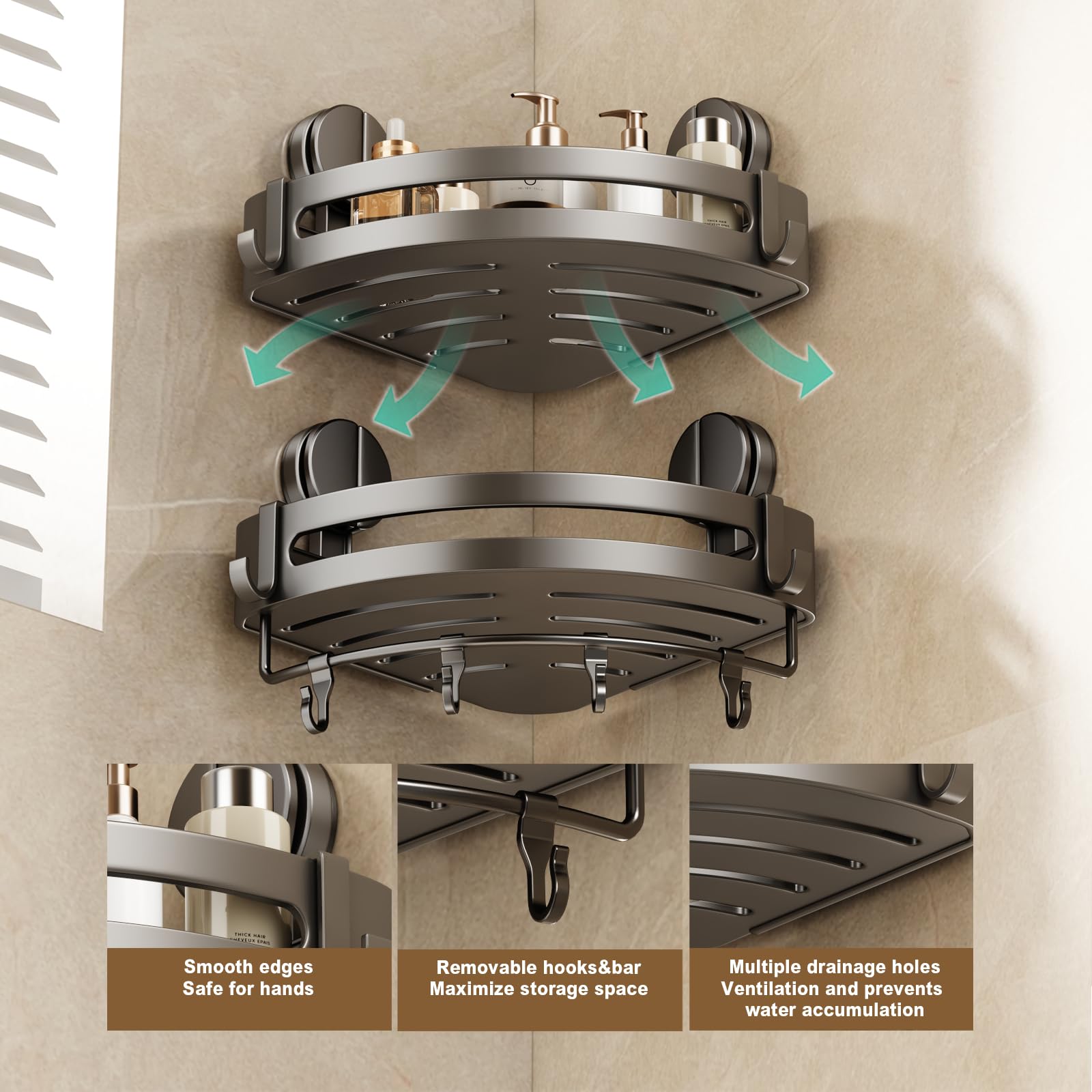VOLPONE 2 Pack Shower Caddy Suction Cup, Corner Shower Shelves No Drilling, Showers Organizer Storage with Towel Bar & Removable Hooks, Bathroom Shower Shelf Rack for Inside Showers, Triangle - 5