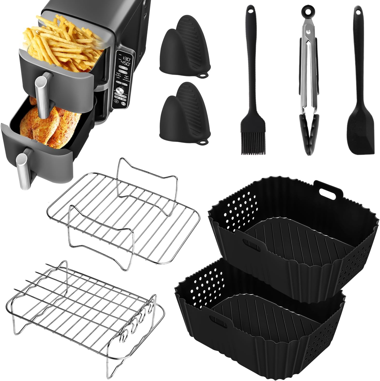 13 PCS Air Fryer Accessories for Ninja Double Stack XL 9.5L Air Fryer SL400UK, Silicone Air Fryer Liners, Air Fryer Baskets, Grilling Rack, Gloves, Oil Brush, Food Clip for Oven, Microwave