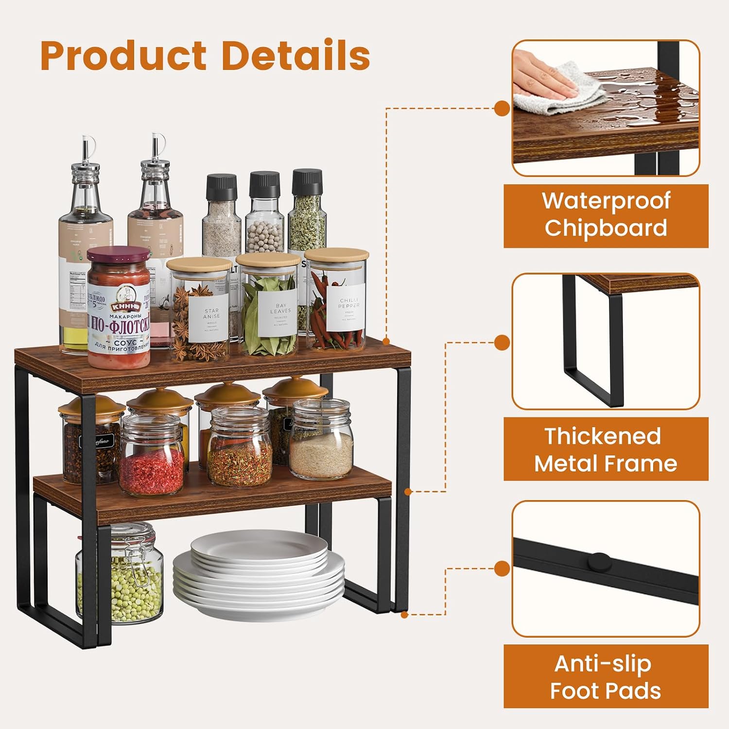 Giikin Kitchen Counter Shelf, Set of 2 Spice Rack Cabinet Organizer Shelf, Stackable Corner Countertop Organizer for Pantry, Coffee Station, Rustic Brown