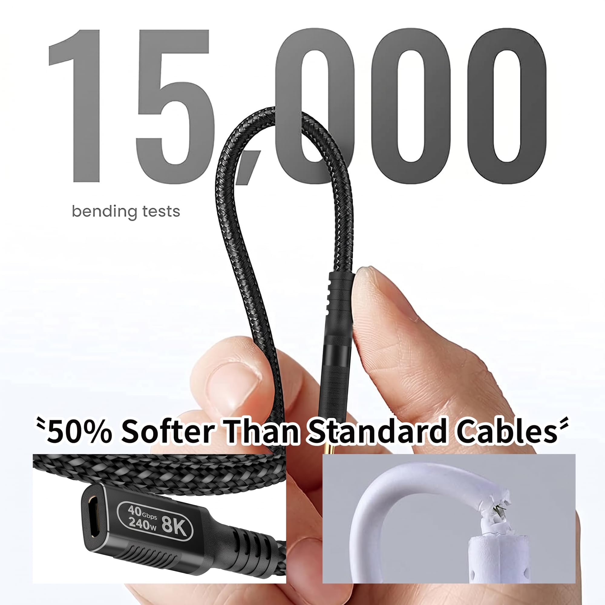 Cable de extensión USB C de 3 m, extensor coaxial de 40 Gbps para Thunderbolt 4/3 y USB4, 8K a 120Hz y 240W PD3.1 de carga, cable USB C macho a hembra ultra flexible para laptop, hub, eGPU