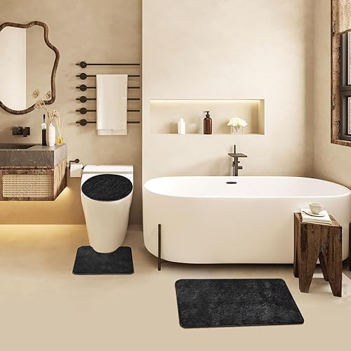 Miniatura 7 de MIFXIN Juego de 3 tapetes de baño antideslizantes suaves, tapetes rectangulares para el suelo + tapete de inodoro en forma de U + cubierta para tapa
