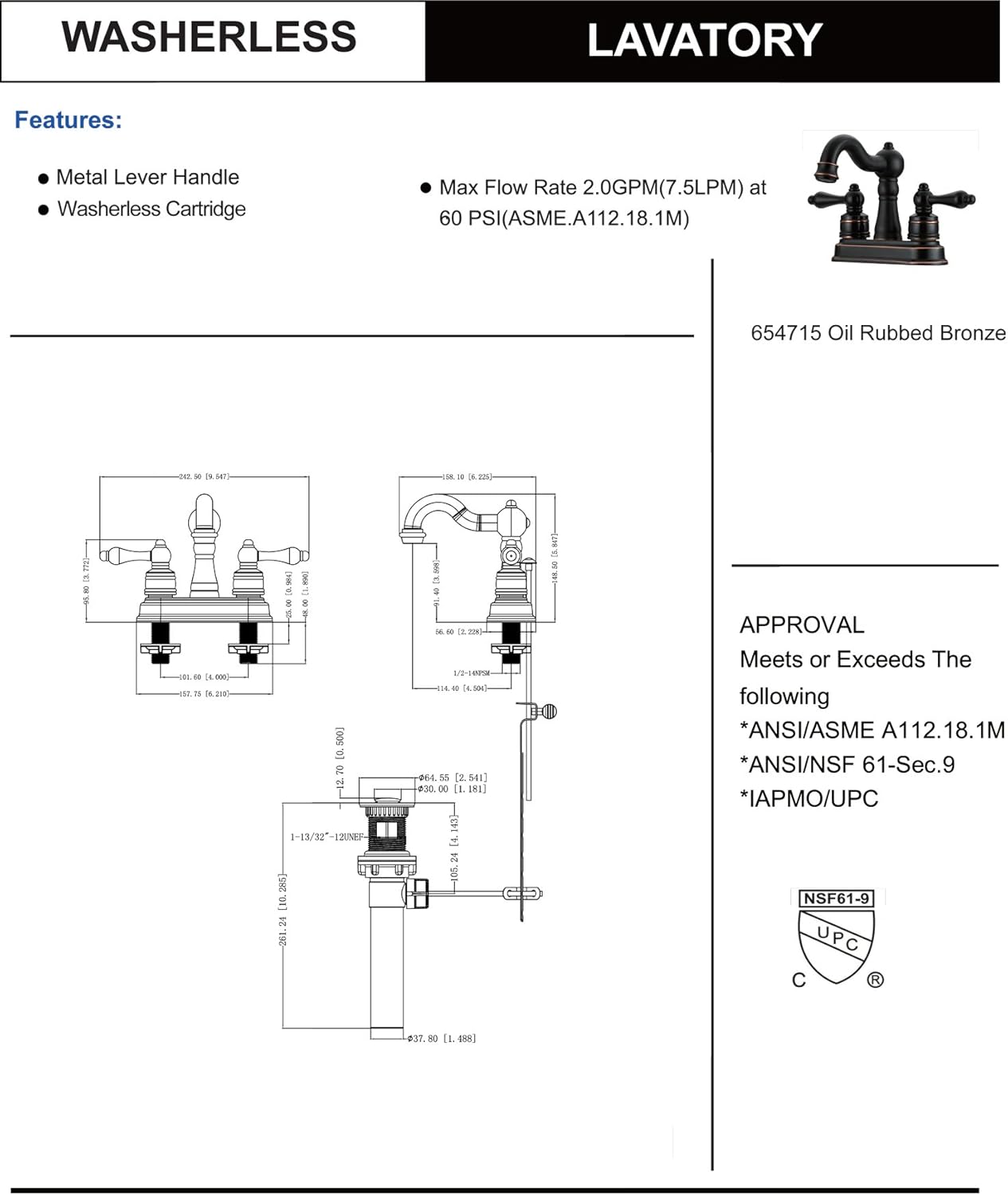 Designers Impressions 654715 Oil Rubbed Bronze Two Handle Lavatory Bathroom Vanity Faucet - Bathroom Sink Faucet with Matching Pop-Up Drain Trim Assembly