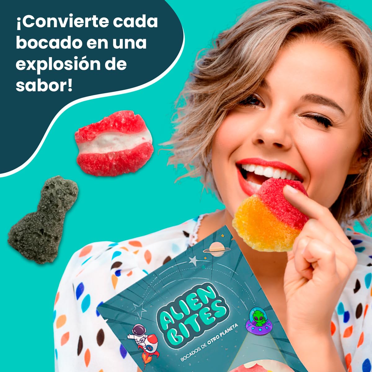 Alien Bites Pack de 4 Bolsas de 50g Chuches Liofilizadas Gominolas Freeze Dried Sin gluten