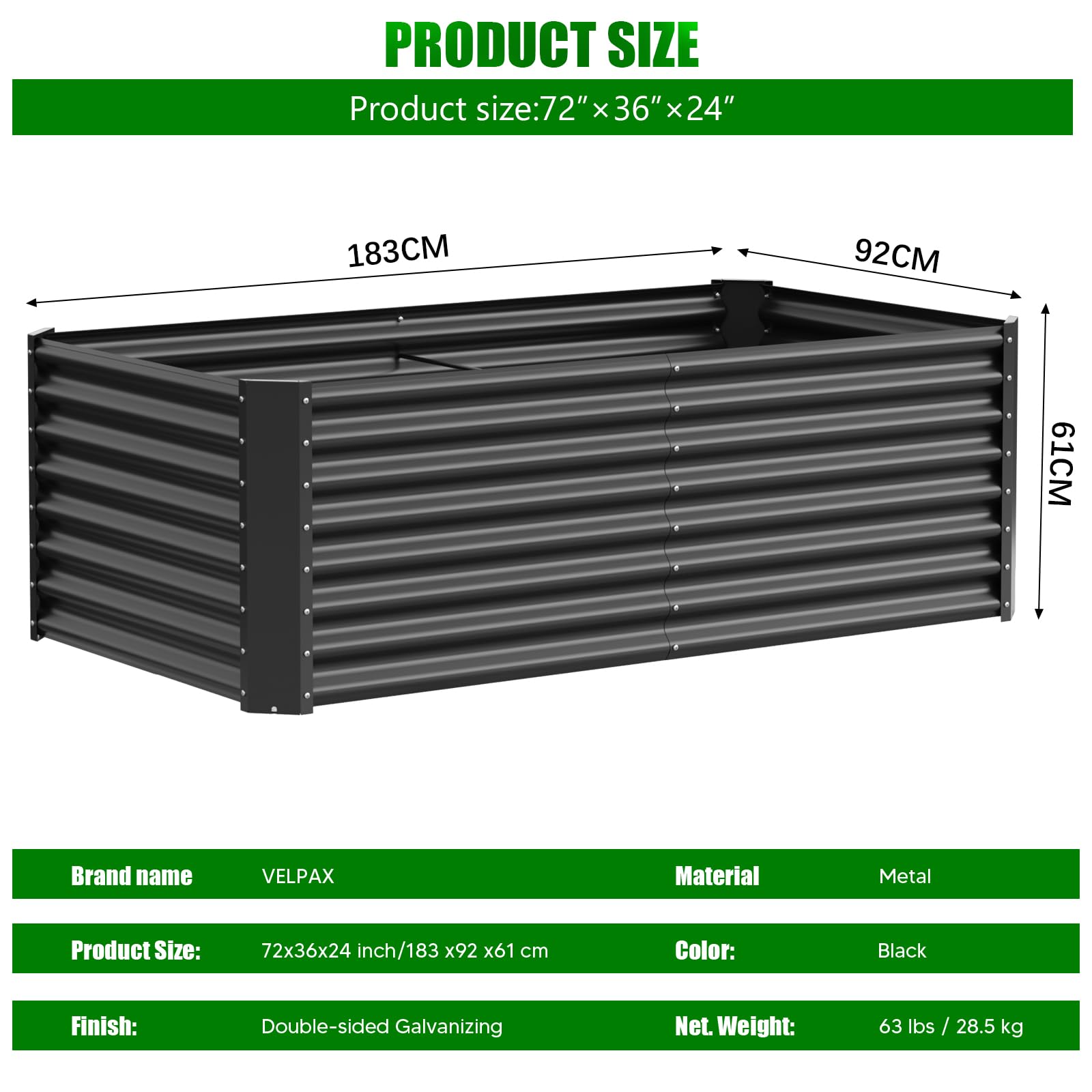 VELPAX Letto per Orto Rialzato in Metallo,183 x 92 x 61 cm Resistente alle Intemperie Orto Rialzato da Esterno Extra Grandi,Vasconi per Orto da Esterno in Acciaio Inox