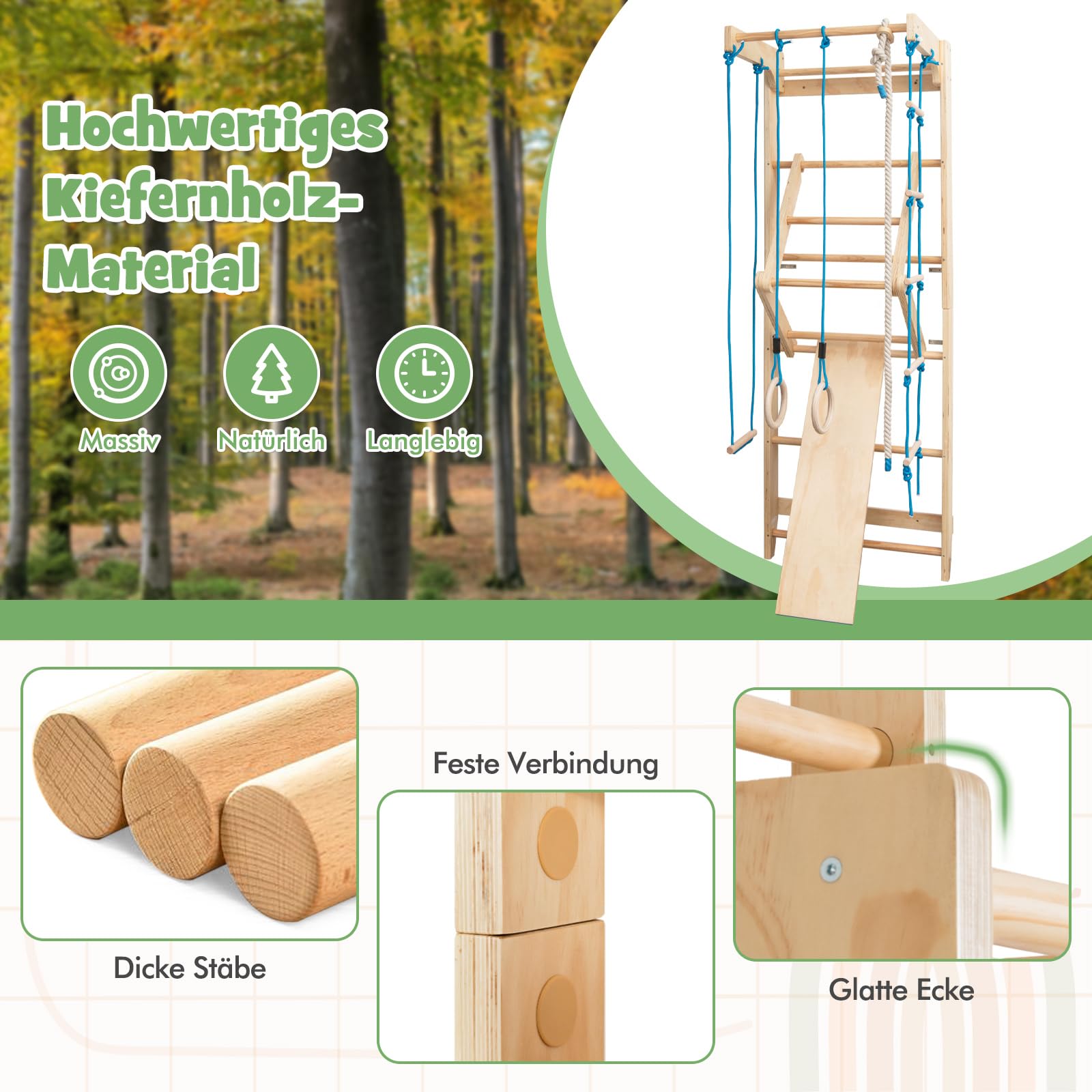 COSTWAY Sprossenwand, Kletterwand für Kinder und Erwachsener, Turnwand aus Holz, Klettergerüst Indoor, inkl. Klimmzugstange/Ringe/Trapez/Strickleiter/Kletterseil, bis 100kg belastbar, 220 x 80 x 60 cm