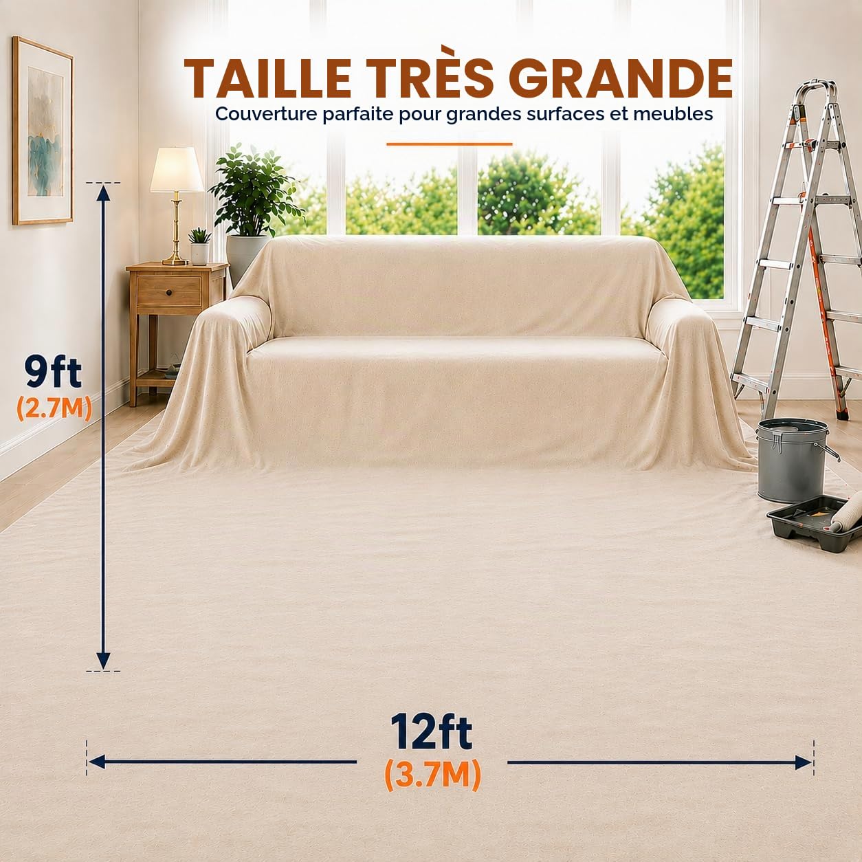 Lot de 2 draps anti-poussière en coton laminé pour décoration – Dos en feuille de poussière en sergé de coton avec feuille en plastique – Taille : 3,7 x 2,7 m – pour peinture, sol, escaliers