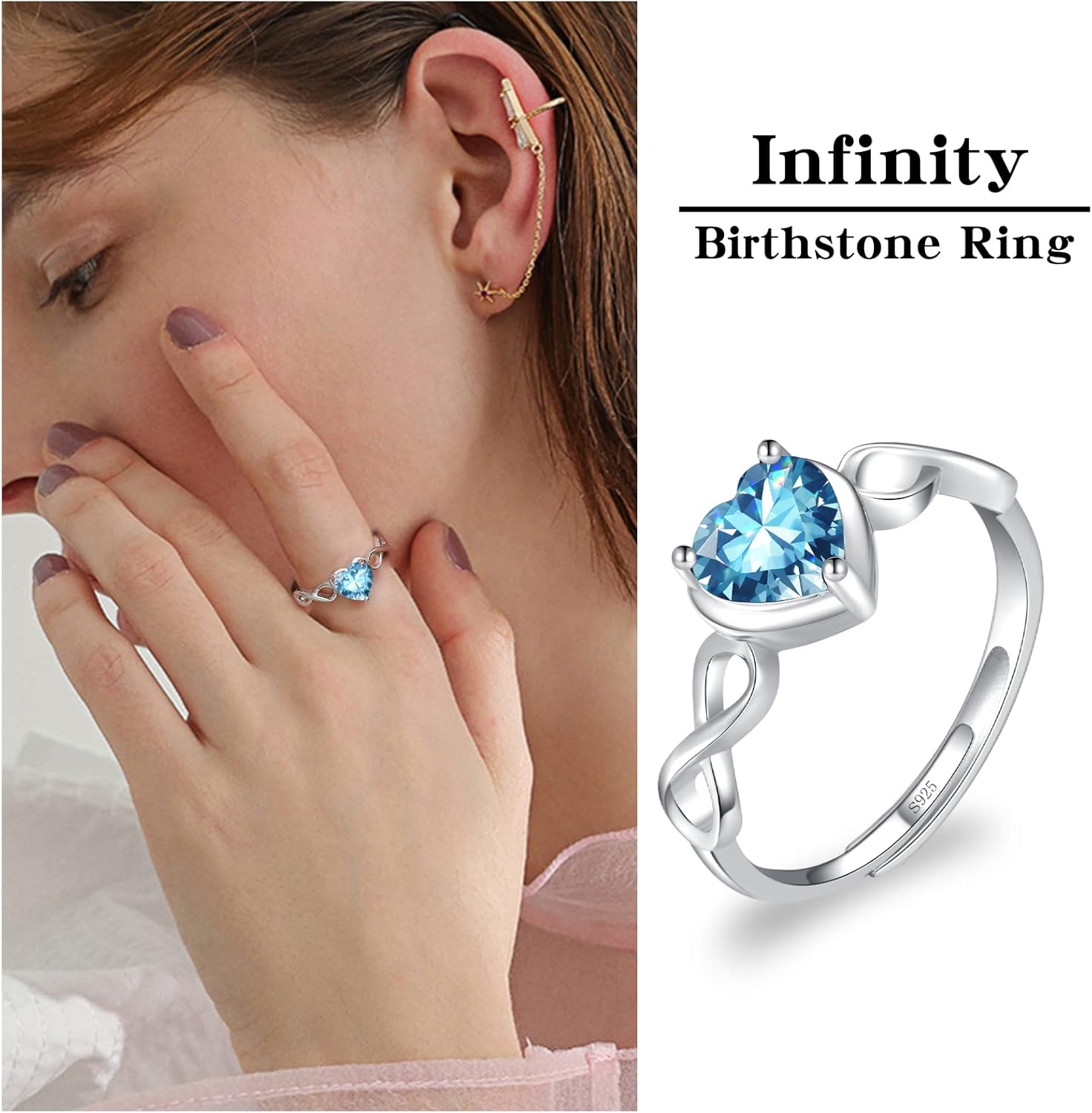 Shysnow Birthstone Infinity Heart Ring for Women 925 Sterling Silver Adjustable Open Infinity Symbol Promise Cubic Zirconia Dainty Engagement Wedding Simulated Gemstone Rings for Mothers Wife