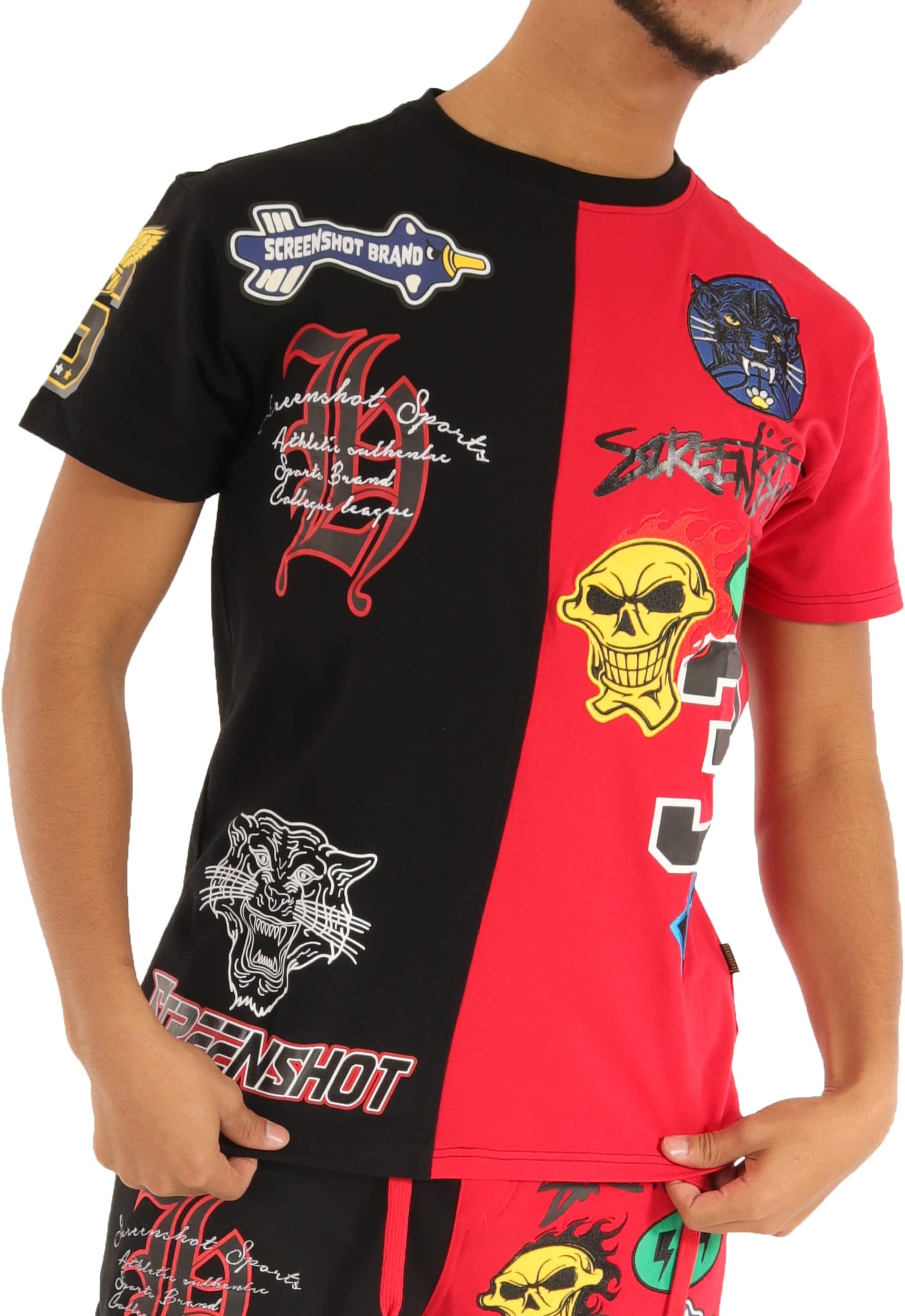 Mens Hip-Hop NYC Streetwear Premium Tee - Urban Varsity Racing Patch Embroidery High Density Gel Print T-Shirt