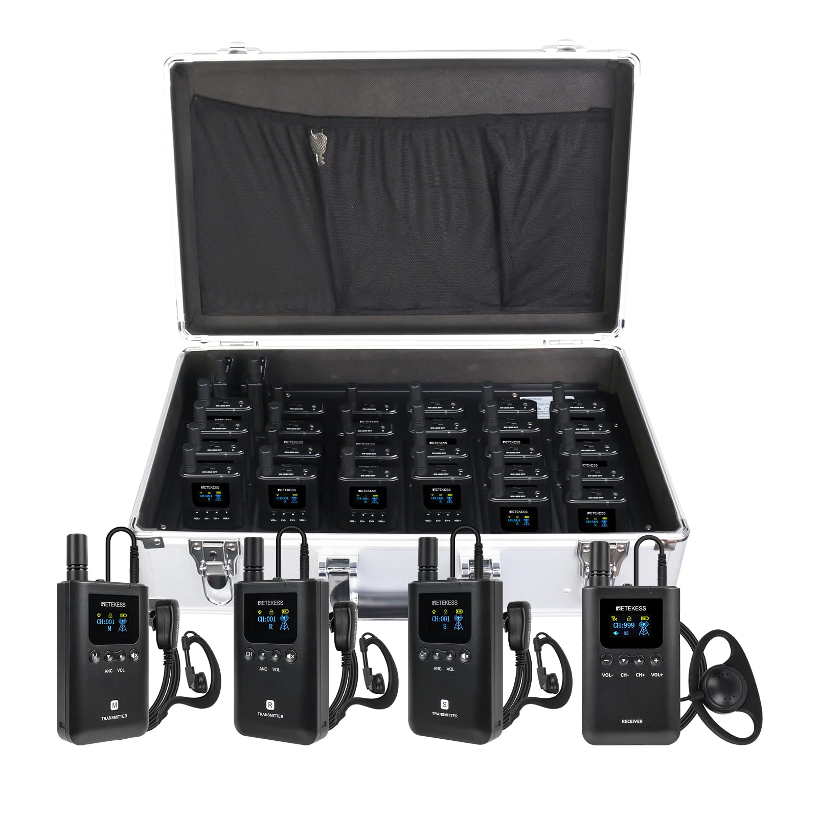 Retekess TT129 Systeme de Guide Touristique, 200 M, 999 Canaux, Boîtier de Chargement Portable 32 Emplacements, Convient aux Formations en Entreprise Ou en Fabricant (3 émetteurs, 29 récepteurs)