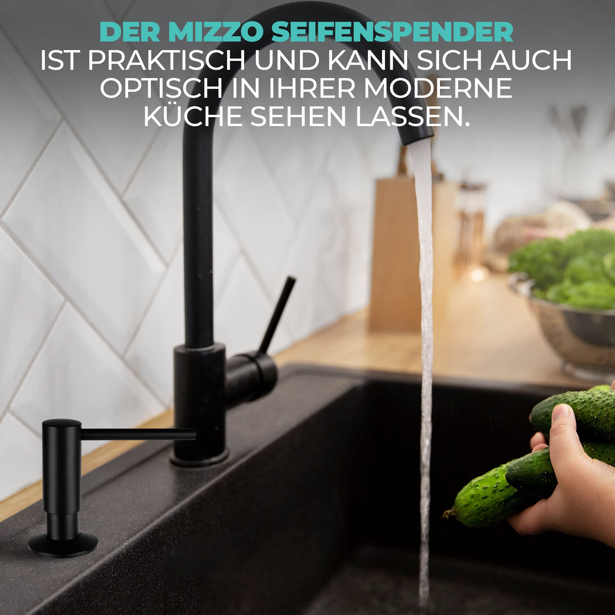 Mizzo Seifenspender zum Einbauen, 300 ml, für Spülmittel, Desinfektion, Lotion oder Flüssigwaschmittel, wiederaufladbar, Öffnung 26 – 31 mm, 360 ° drehbar, Schwarz