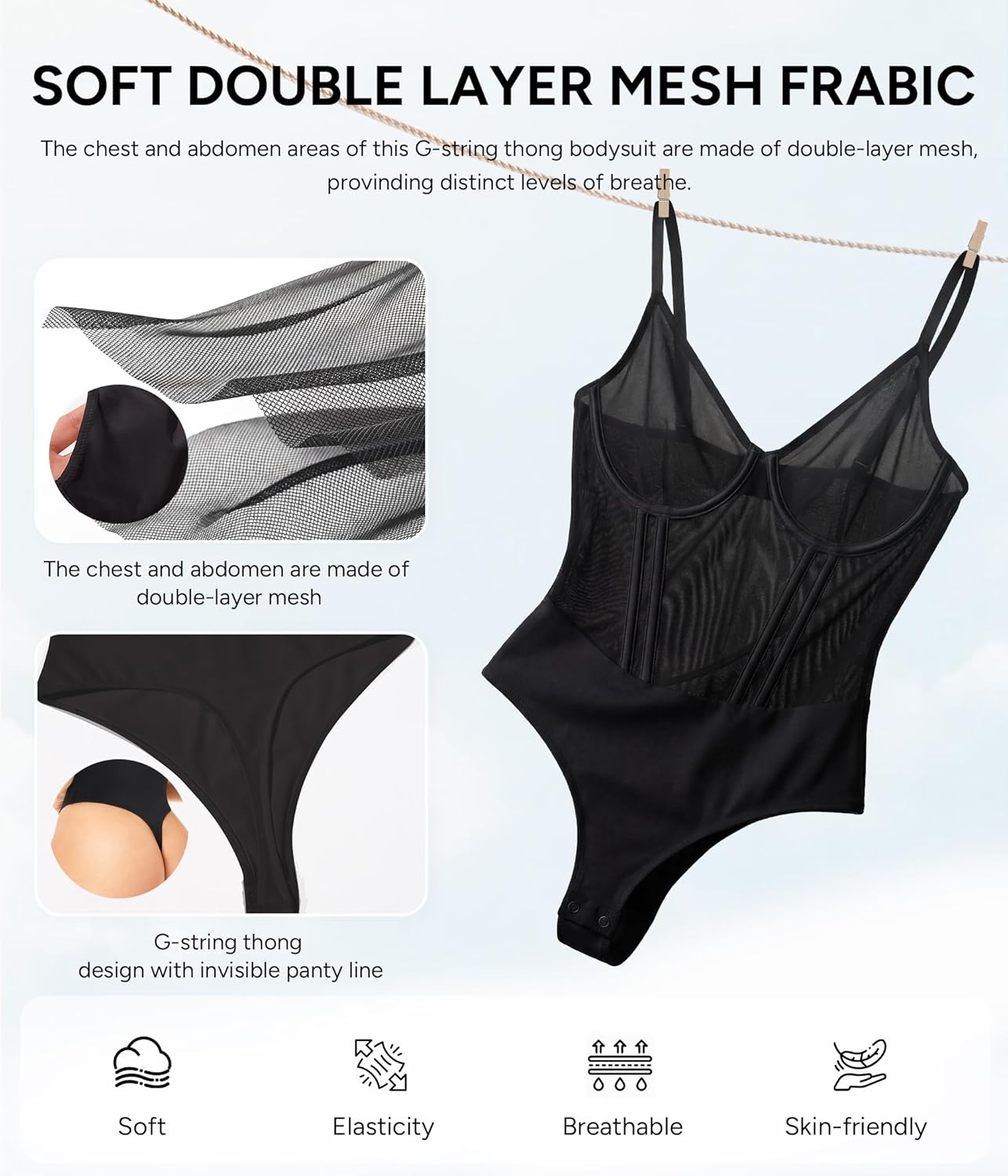 Nebility Shapewear Bodysuits for Women Tummy Control Slimming V Neck Shapewear Bodysuit Thong Body shaper with Underwire