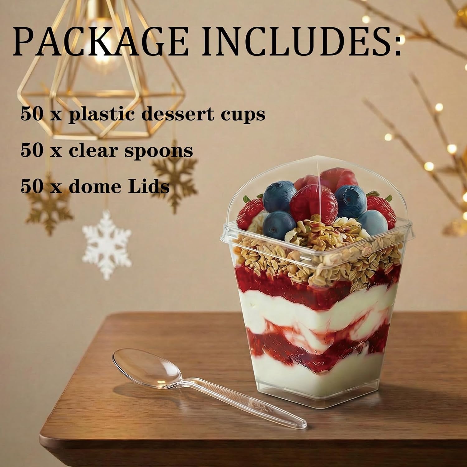 50Pack 5oz Clear Plastic Dessert Cups with Lids and Spoons, Reusable Square Parfait Appetizer Cups, Party Trifle Shooter Serving Cup, Mini Dessert Shot Glasses for Tasting - Image 4