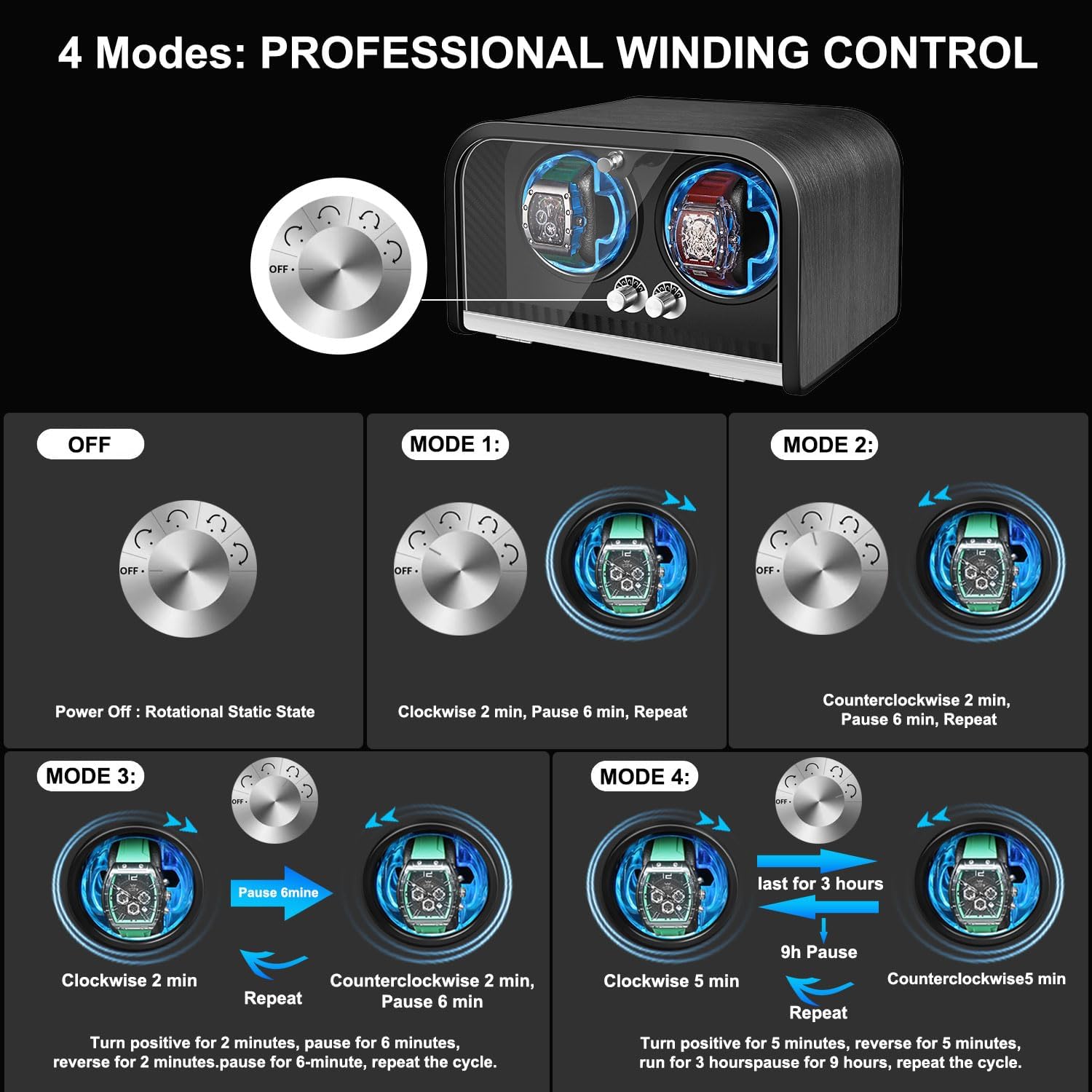 Watch Winder for Automatic Watches, Watch Winders Box 1/2/4/6/9 Slot for Rolex,Silent Motor, 4 Rotation Mode Setting,Built-in led Lights,Gift for Man
