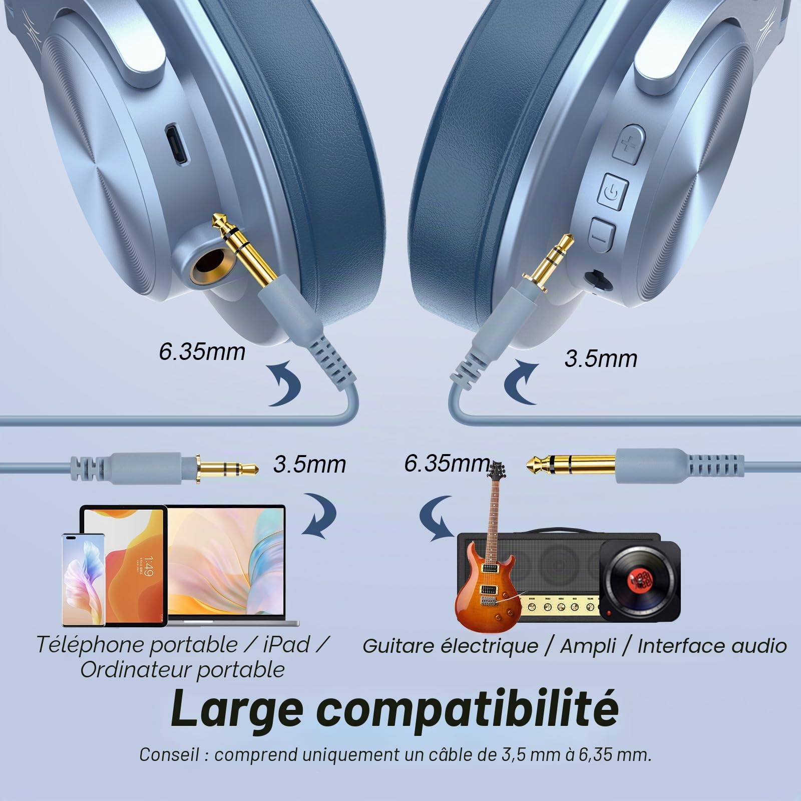 OneOdio A70 Casque Audio Bluetooth Sans Fil 72H, Casque Diadème Fermé avec Port Partagé, Écouteurs avec Câble de 3,5 mm pour DJ, Piano, Guitare, Enregistrement et Surveillance AMP, Bleu Ciel