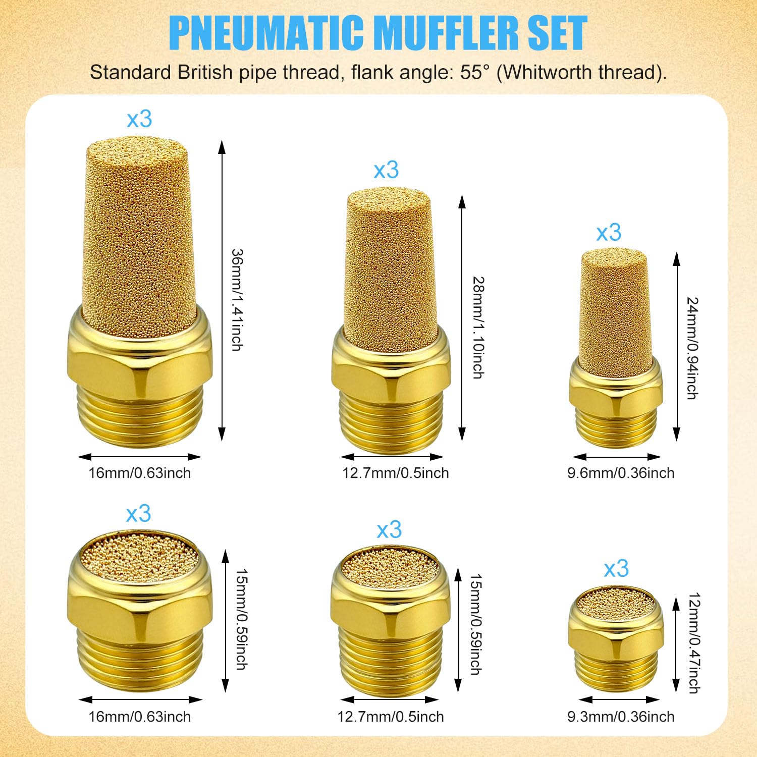 12er Set Pneumatische Schalldämpfer 1/4″ Aus Sinterbronze – 300PSI, -35°F Bis 300°F, Für Zylinder & Ventile