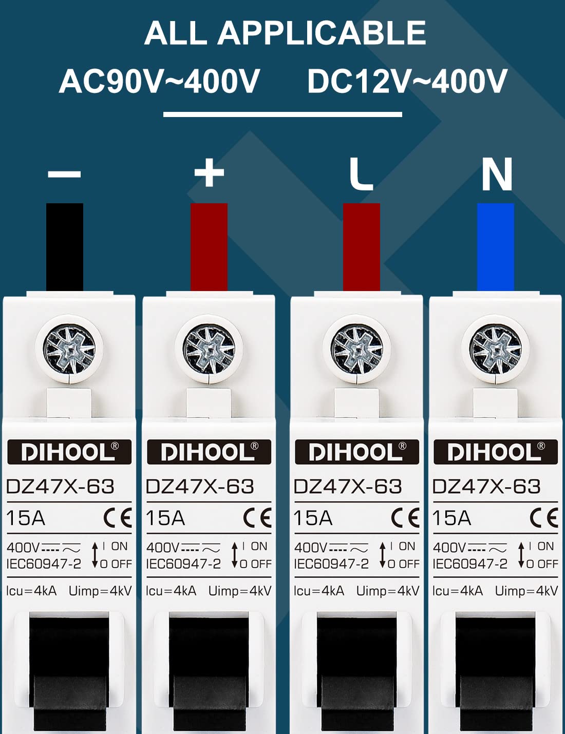 DIHOOL AC/DC Miniature Circuit Breakers, 2 Pack, Single Pole 15 Amp, 12V 24V 48V 400V, Non Polarized, Solar Disconnect Switch, DIN Rail Mount, RV Battery Isolator, PV Array MCB, Thermal Magnetic Trip