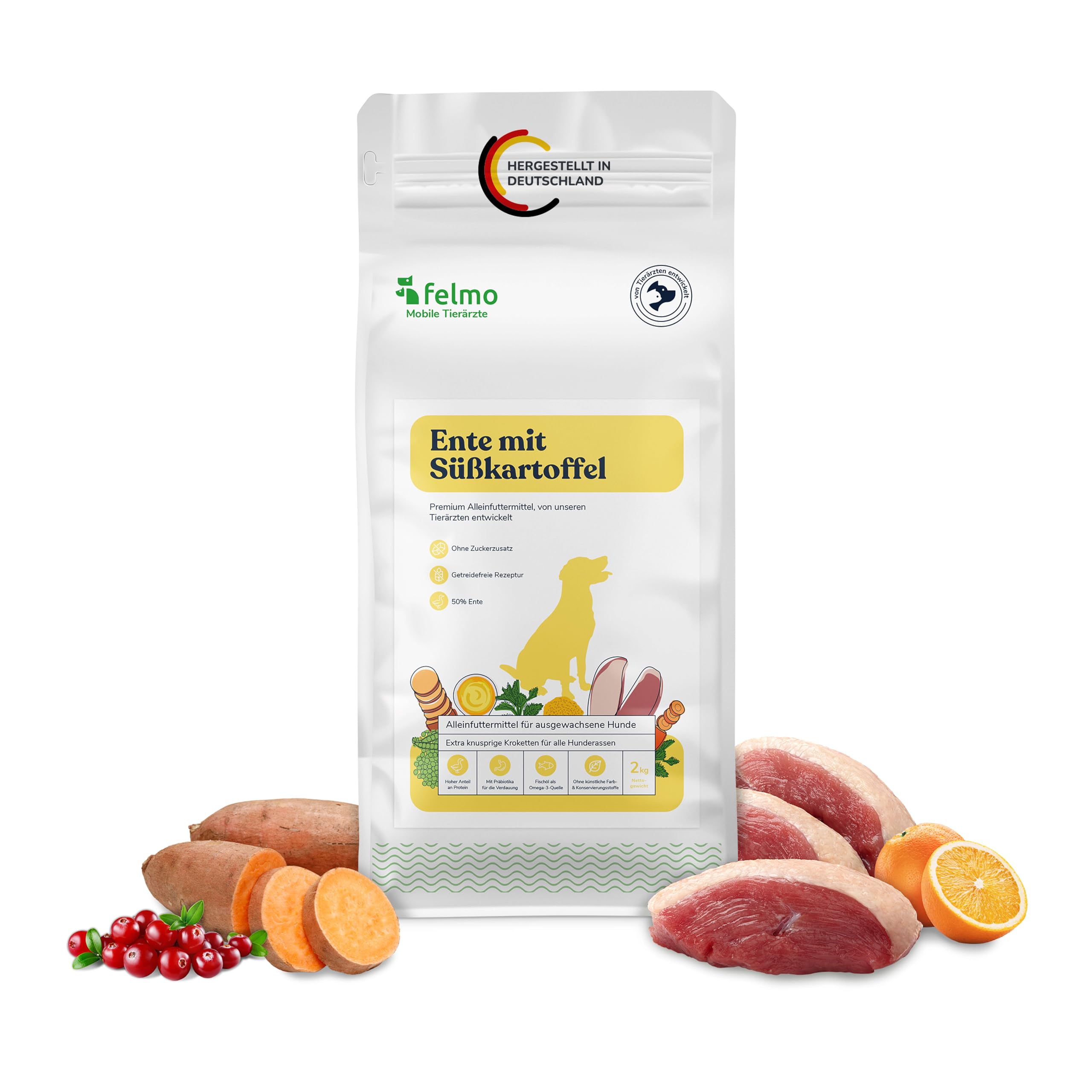 felmo Premium Dry Dog Food (2 kg) with 50% Duck - Sweet Potato & Orange -  No Added Sugar and Grains - Contains Essential Vitamins, Prebiotics & Omega  Fatty Acids - Easily Digestible : Amazon.de: Pet Supplies
