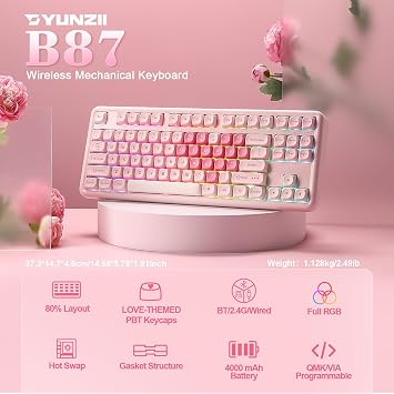 YUNZII B87 Wireless Mechanical Keyboard,QMK/VIA Software Custom Gaming,Gasket RGB Keyboard with Cute MOA Keycaps, Wrist Rest,BT5.0/2.4G/USB-C NKRO for Win/Mac (pink, cocoa cream v2)