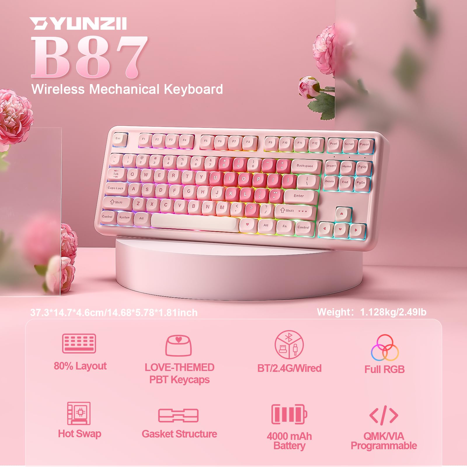 YUNZII B87 ワイヤレスメカニカルキーボード ゲーミングキーボード BT5.0/2.4G/USB-C NKRO QMK/VIAソフトウェアカスタム MOAキーキャップ ガスケット RGB リストレスト Win/Mac用 (ピンク, ココアクリームV2スイッチ) - 3
