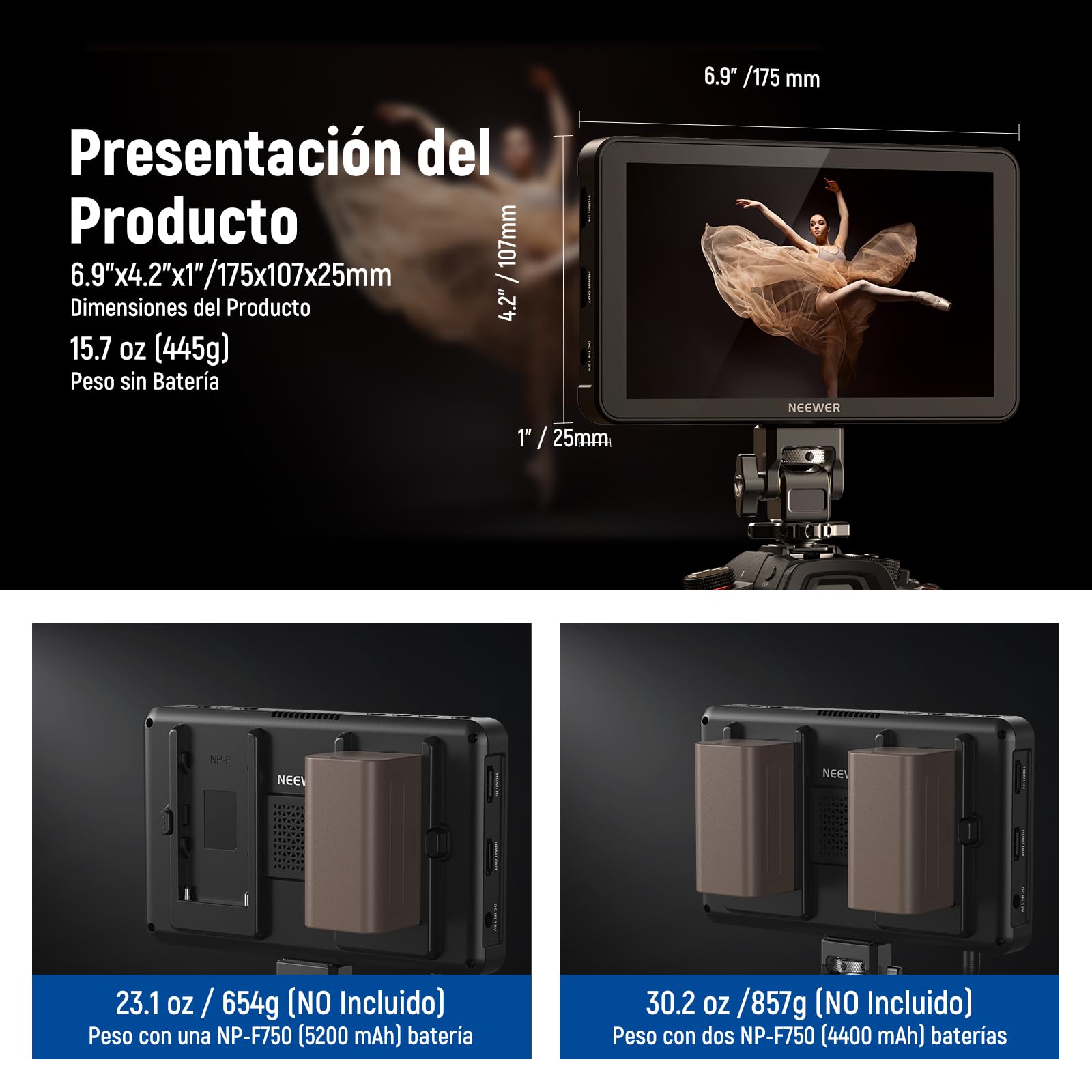 NEEWER F700 7" Monitor Campo Cámara, 2000nit HD 1920x1080 IPS Pantalla Táctil con 3D LUT, 4K HDMI Loop in/out con Peak Focus Asistencia Video DSLR Onda HDR,Montaje Zapata Fría,5200mAh Batería y Cable