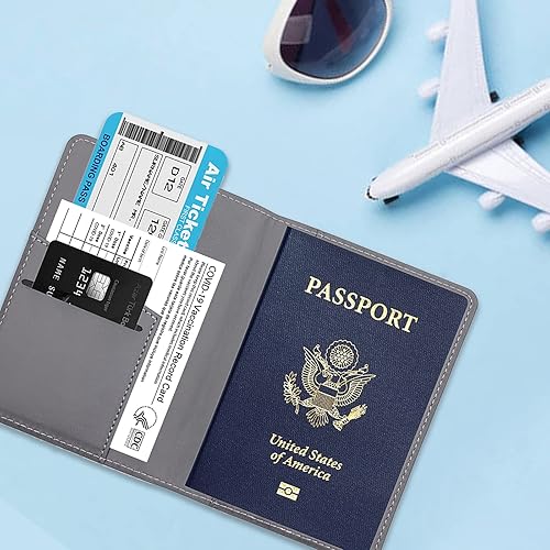 Miniatura 5 de Deziliao Combo de portatarjetas de pasaporte y vacunación, soporte para pasaporte de piel sintética con ranura para tarjeta de vacunación, cartera