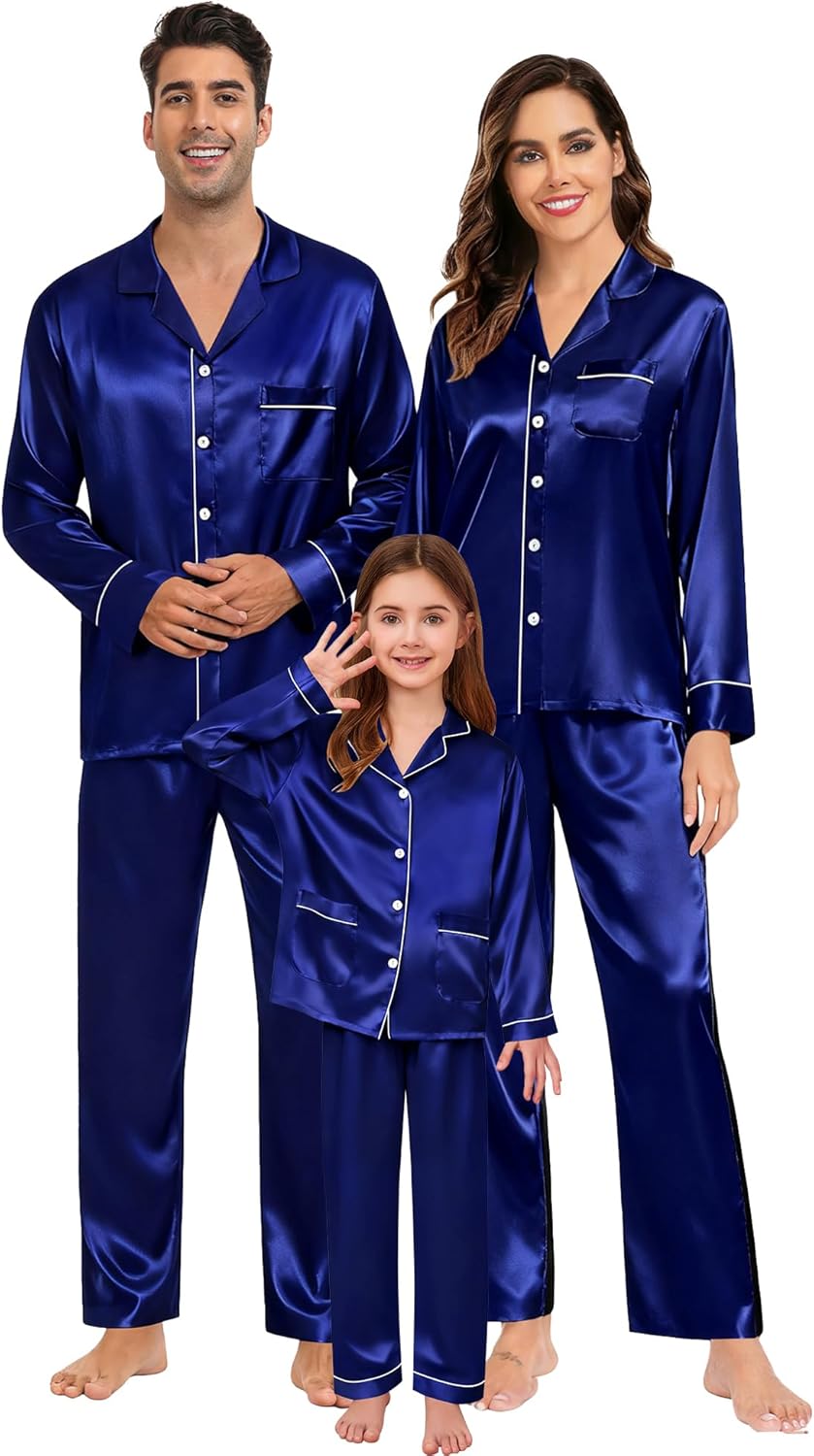 SWOMOG Couples Satin Pajamas Set Womens Matching Silk Long Sleeve Sleepwear 2 Piece Button Down Pjs Set Lounge Set Deep Navy Blue