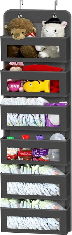 Organizador para colgar sobre la puerta con 6 bolsillos transparentes, gris oscuro | Almacenamiento sobre la puerta para armario, dormitorio, baño, despensa