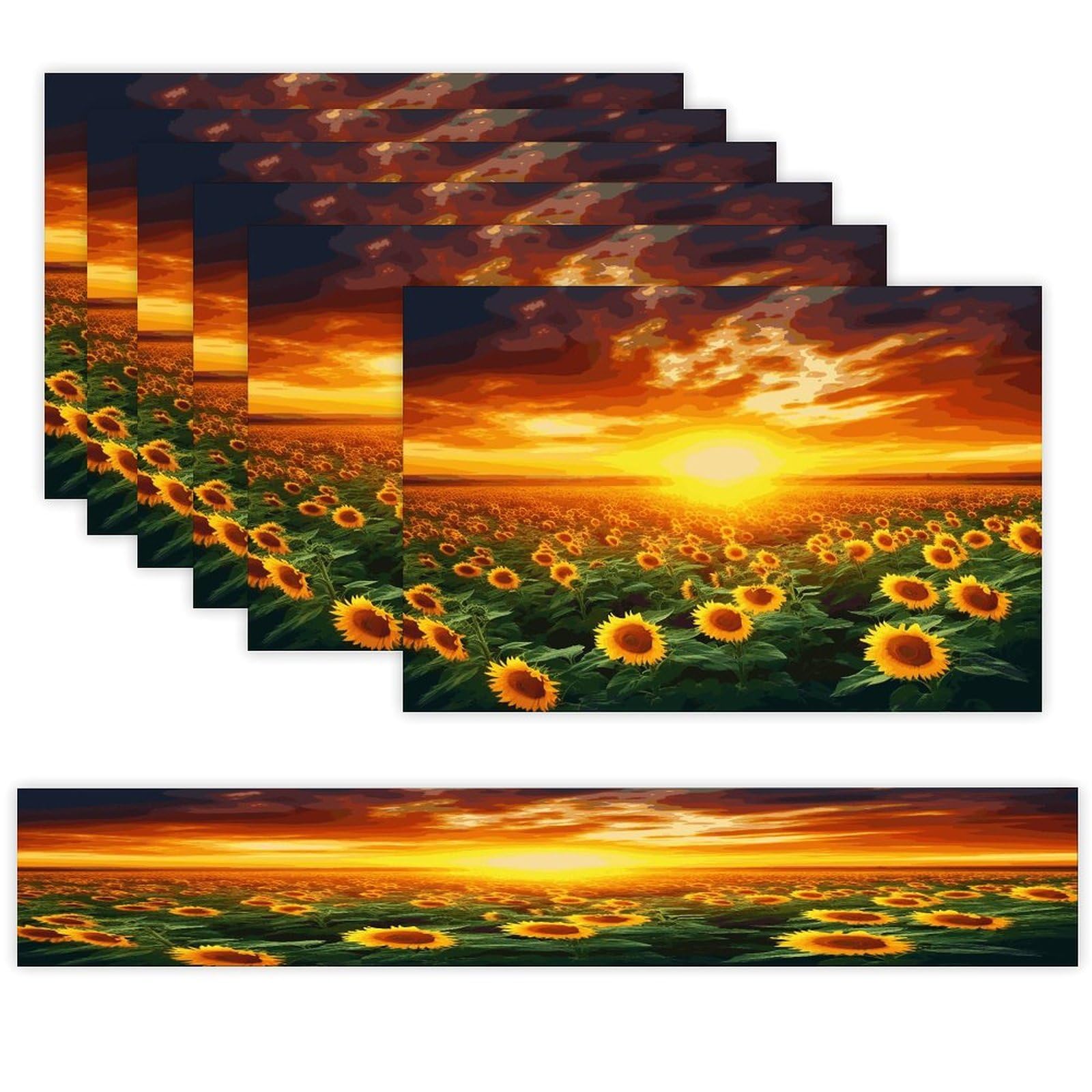 Dreamlike Sunset of A Sunflower Field Table Runner and Placemats Set of 6 for Kitchen Washable Table Mats Heat Resistant Place Mats Non-Slip Place Mat Wipeable Placemat(6 Placemats+1 Table Runner)