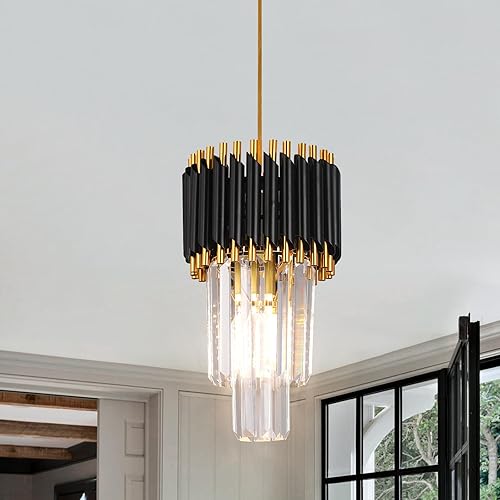 Miniatura 6 de Kaniker Candelabro de cristal dorado, lámpara colgante moderna redonda de cristal para isla de cocina, D7.5 pulgadas, luz colgante de lujo para