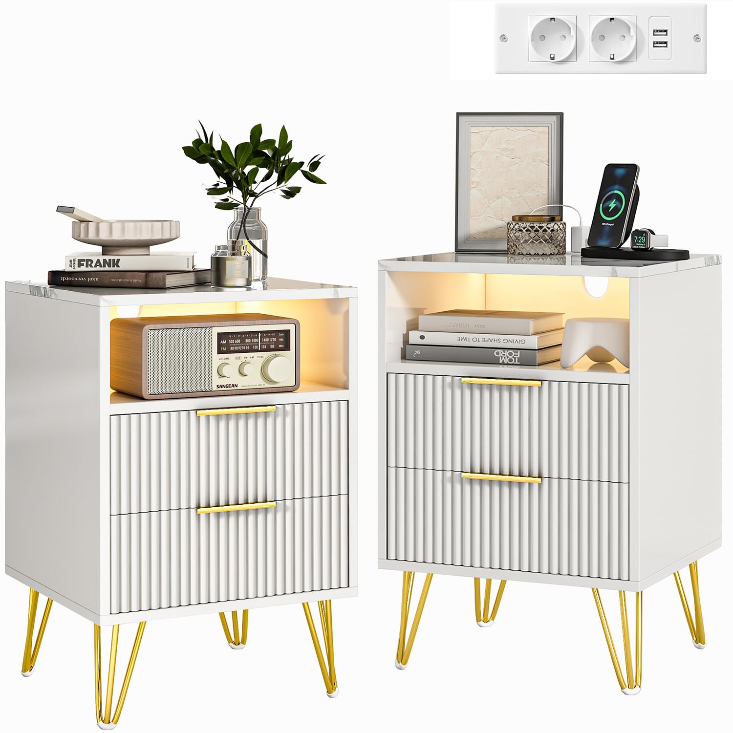 Table de Chevet Lot de 2 avec 2 Tiroirs, 60 cm Table de Nuit avec Lumière LED, Moderne et Polyvalente Table de Nuit avec Ports USB et Prises électriques pour Chambre, Salon, Bureau (Blanc)
