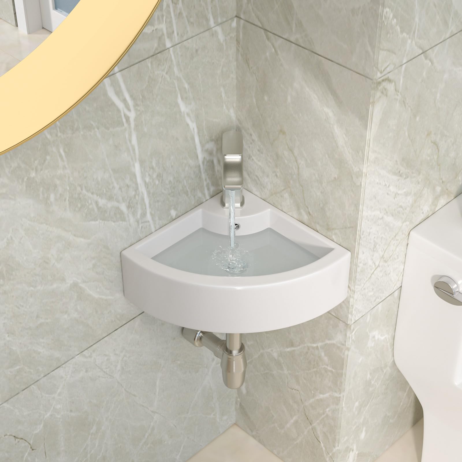 ZYLEDW Fregadero De Baño Pequeño De Esquina Para Montaje En Pared,  Fregadero De Baño Con Combo De Grifo Y Colgador De Torre, Mini Fregadero De  Cerámica Blanca Con Desbordamiento (tamaño, image size:1600x1600