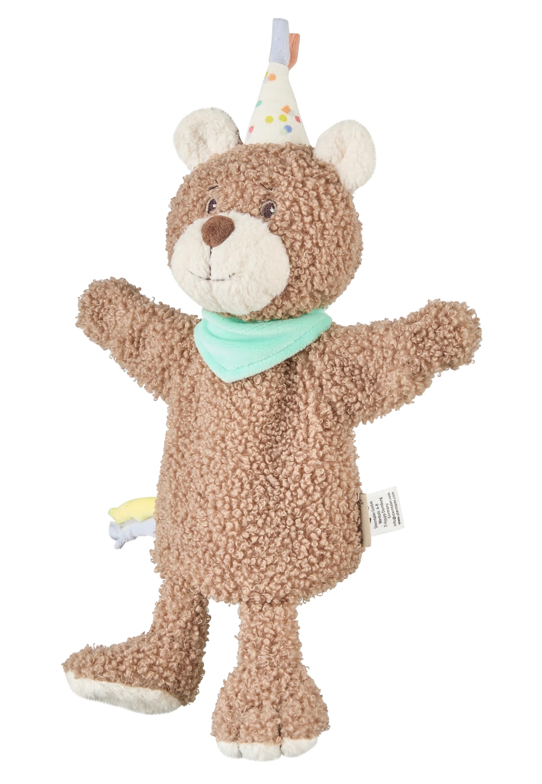 Sterntaler Kids Hand Puppet Bear BO Baby Toy Soft Fluffy Padded Polyester Wadding Cute Bandana Party Hat 30×21×8cm - Light Brown