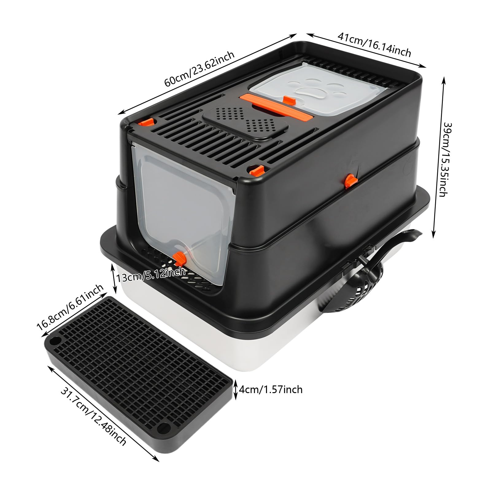 Caja de arena cerrada de acero inoxidable con tapa, caja de arena para gatos con pala, pedal de basura y almohadillas de agarre con apertura en forma de U, adecuado para gatos de hasta 15 kg (negro)
