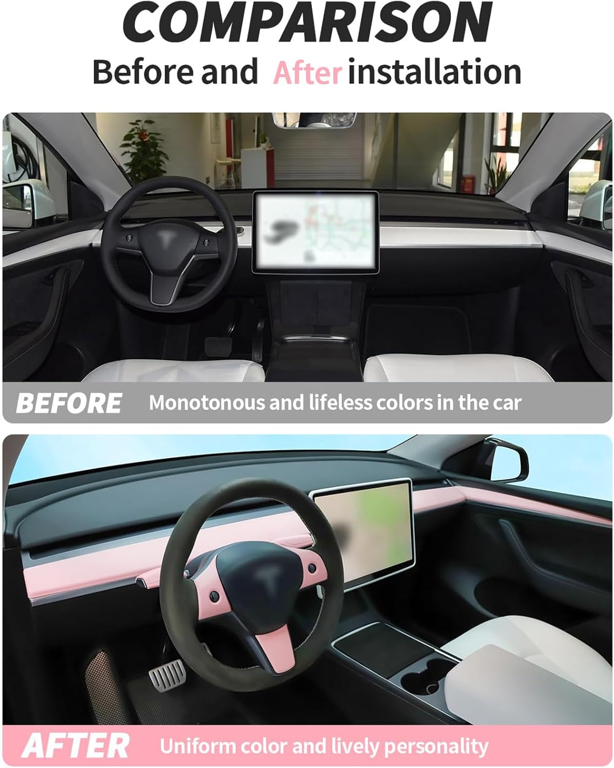 Dashboard Cover Wrap and Front Door Inner Armrest Panel Cover Trim Compatible with Tesla Model 3(2021-2023) and Model Y(2019-2024)(Light Pink)
