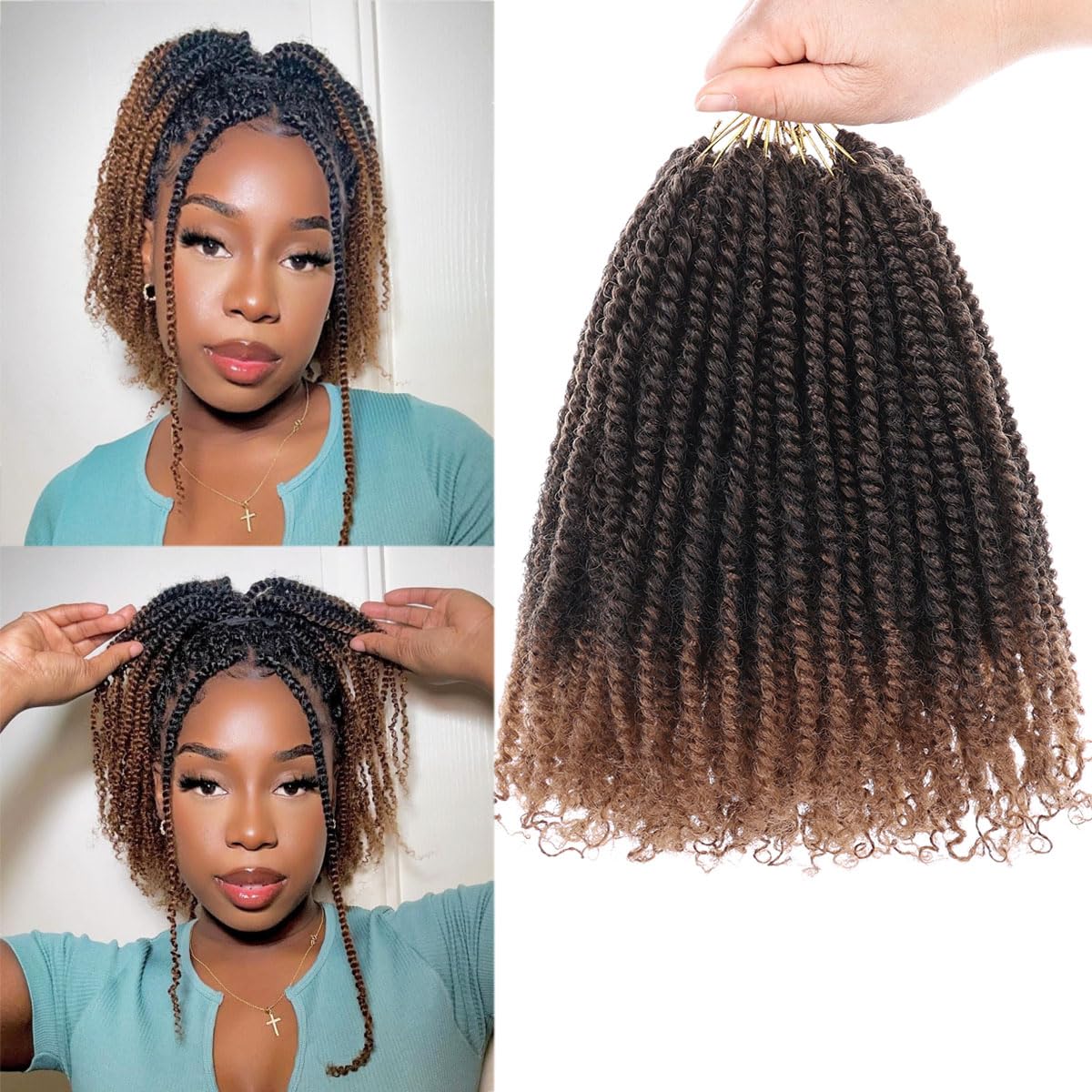 COOKOO 9 Packs Pre-twisted Micro Twist Crochet Hair 8 Inch Ombre Brown Pre-looped Mini Passion Twist Crochet Hair for Mini Senegalese Twists Hair