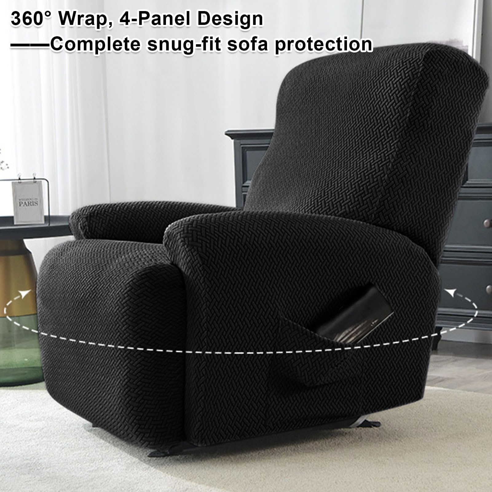 Coprisedia in 4 pezzi, coprisedia completa per poltrona relax, coprisedia per poltrona TV, coprisedia completa, fodera elasticizzata per poltrona con tasche (Nero-singolo sedile)