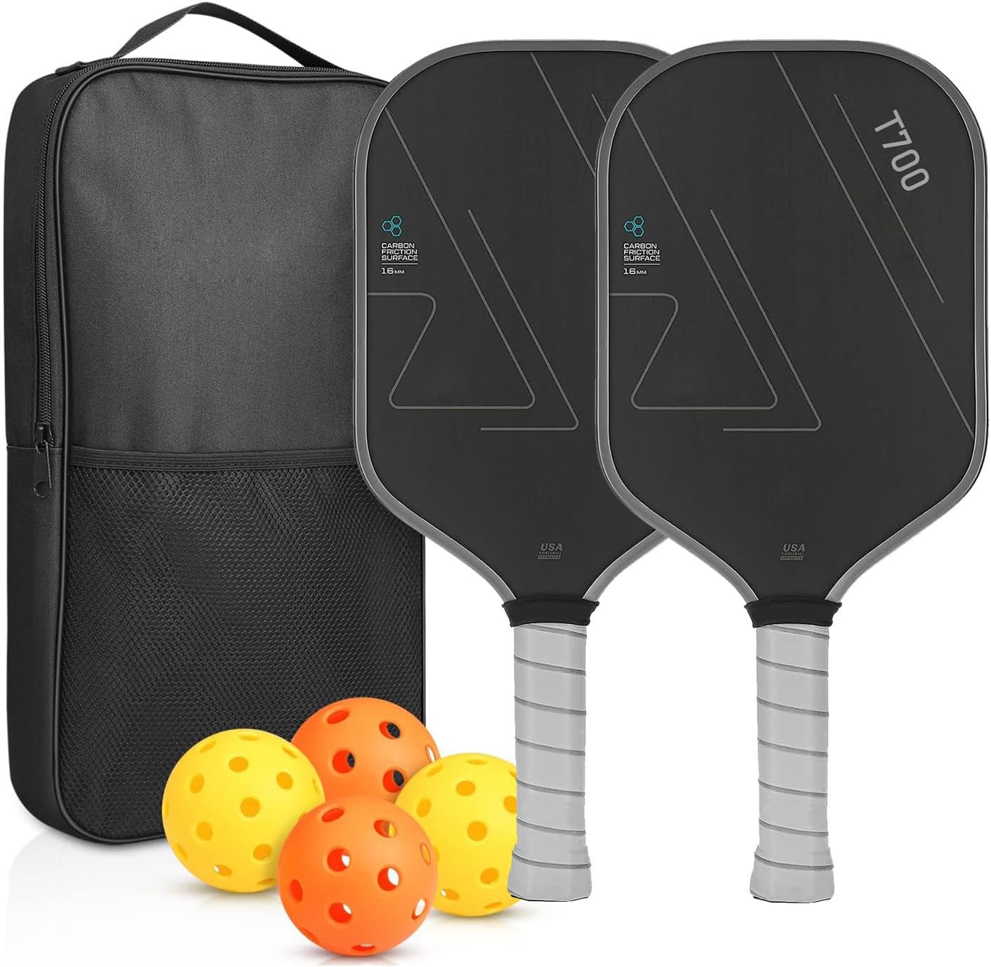 Pickleball Paddles Set of 2 T700 Raw Carbon Fiber Pickleball Paddle, Pickleball Rackets with 4 Balls 1 Pickleball Bag, Pickle Ball Paddle Set for Men and Women