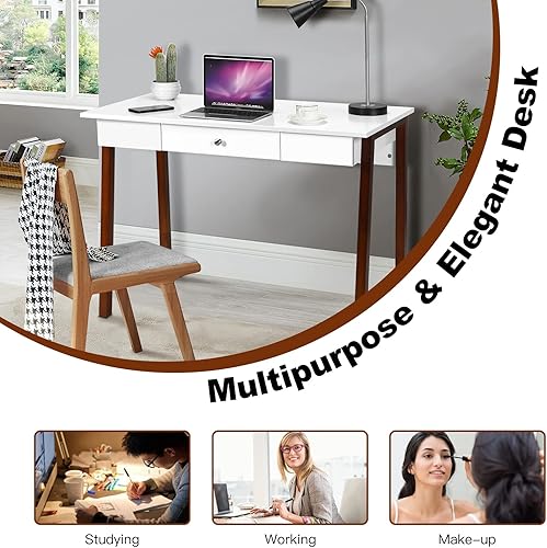 Miniatura 8 de COSTWAY Escritorio para computadora de 42 pulgadas con cajón de almacenamiento, mesa de estudio moderna de escritura en casa con patas de madera de