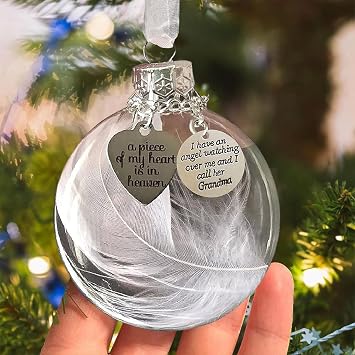 Memorial Ornaments Christmas Clear Feather Ball, A Piece of My Heart is in Heaven, Sympathy Gift for Loss of Loved One Grandma