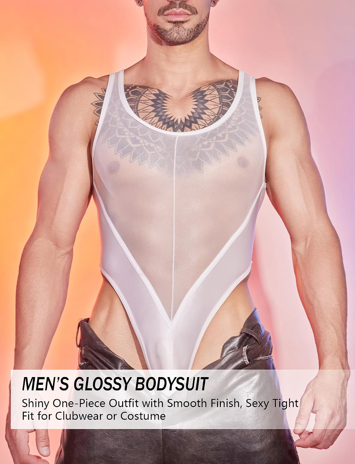 Panegy Men Shiny Oily Snap Crotch Bodysuit Sexy Glossy U-Neck Sleeveless Thong Jumpsuit