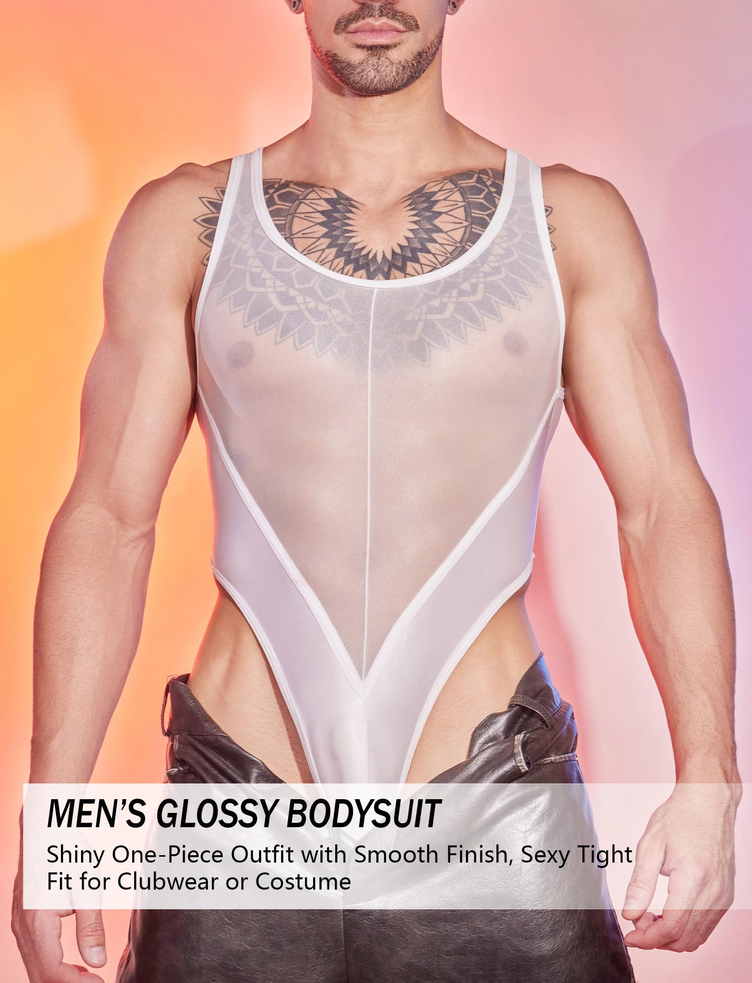 FEOYA Body Transparent pour Homme Brillante Bodysuit sans Manches
