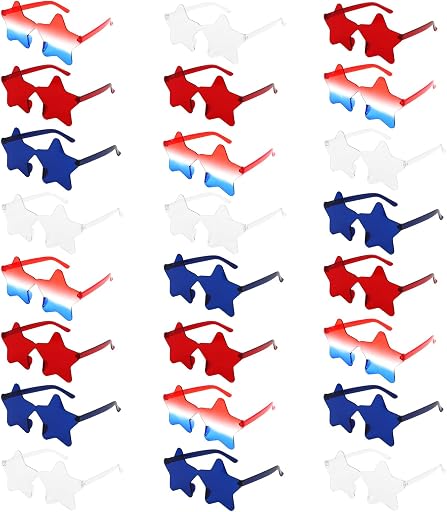 24 Pack 4th of July Accessories Bulk Red White and Blue Patriotic Sunglasses Star & Heart Shaped 250th Anniversary